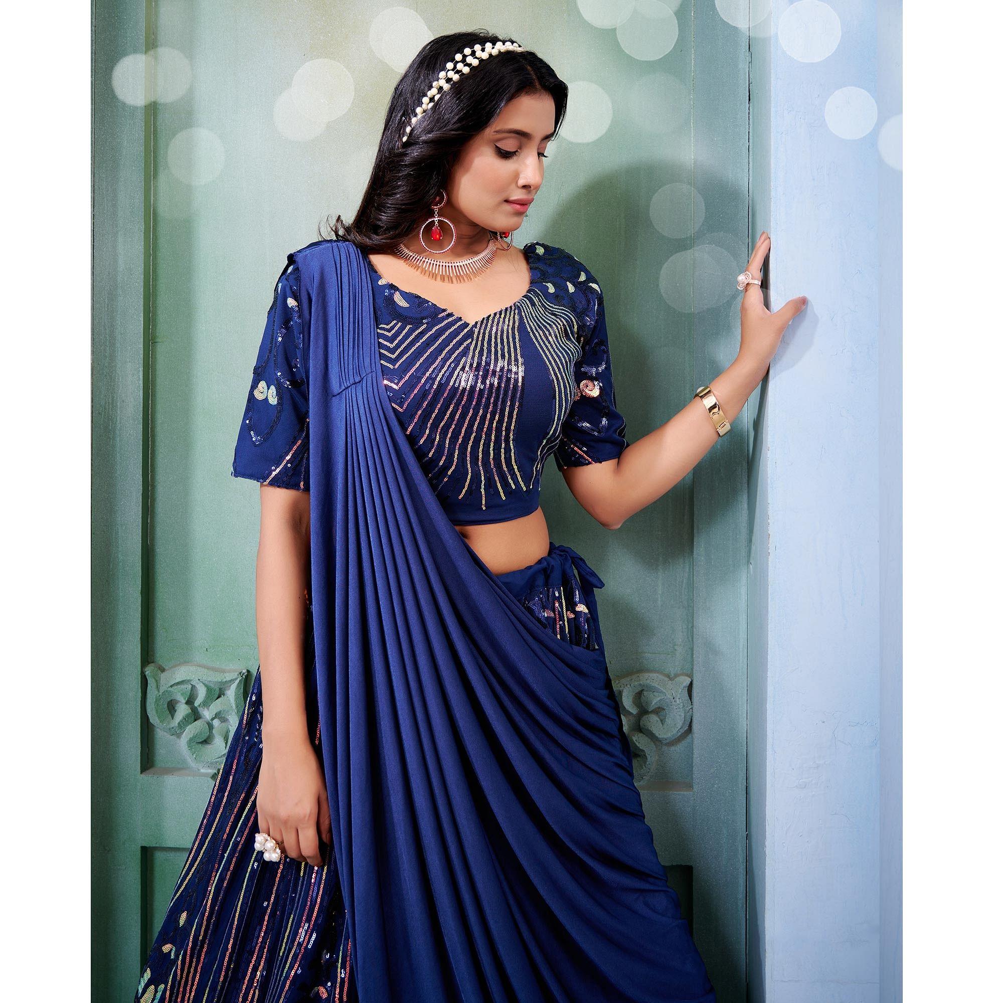 Blue Sequence Embroidered Art Silk Lehenga Choli - Peachmode