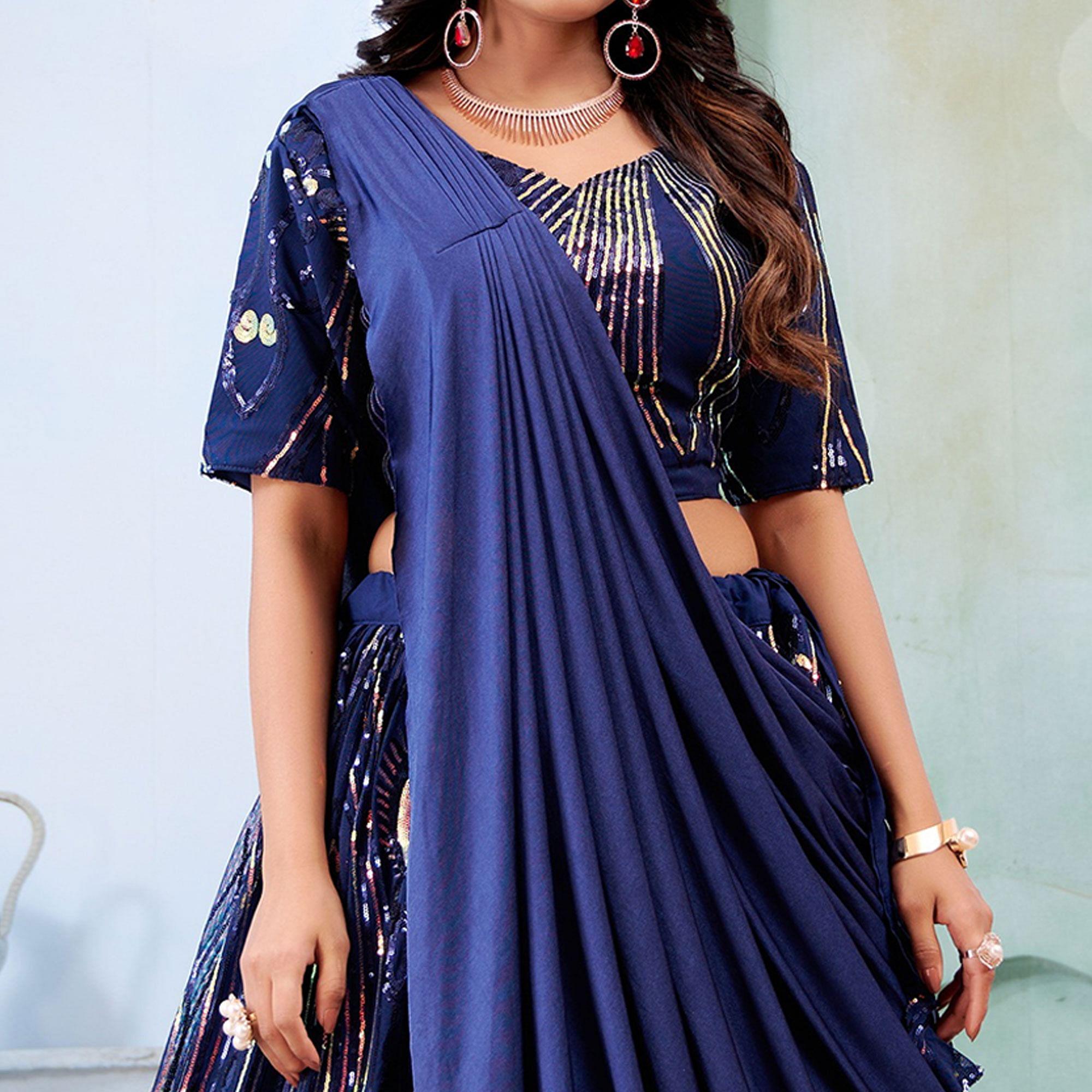 Blue Sequence Embroidered Art Silk Lehenga Choli - Peachmode