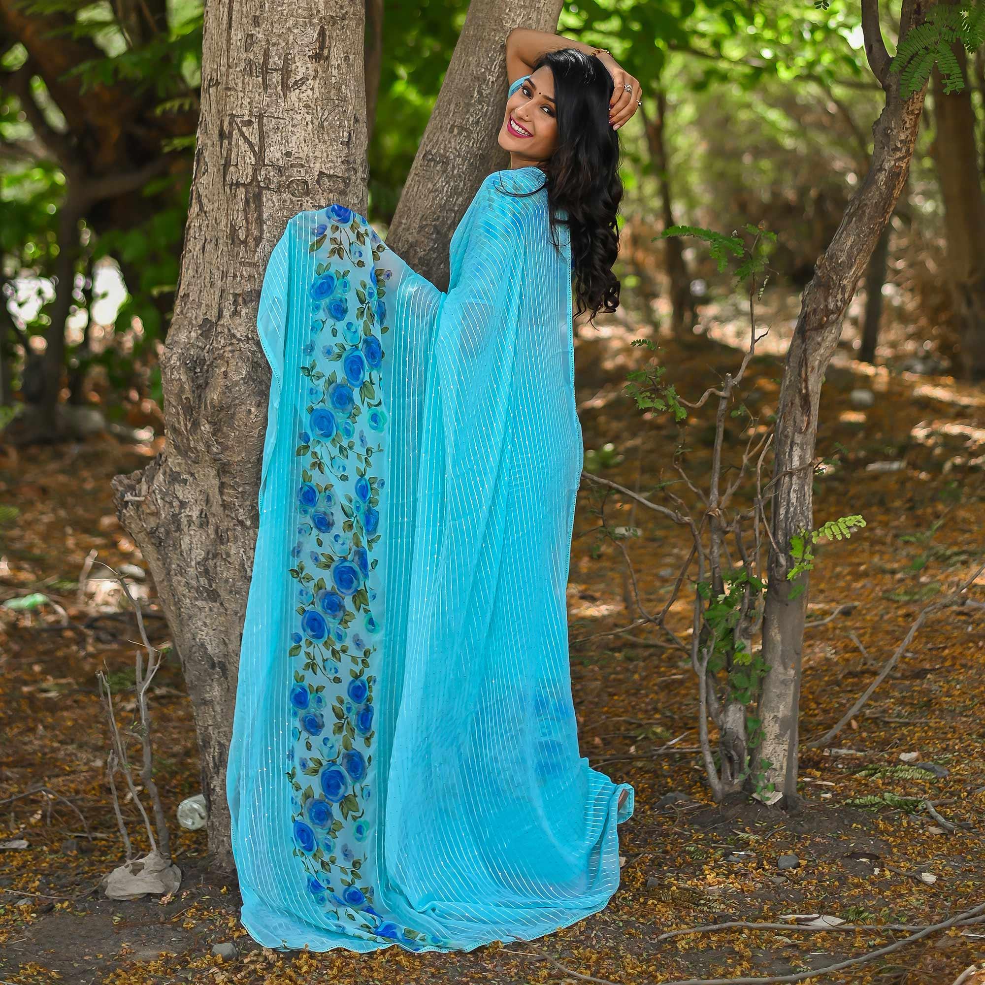 Blue Sequence Embroidered Art Silk Saree - Peachmode