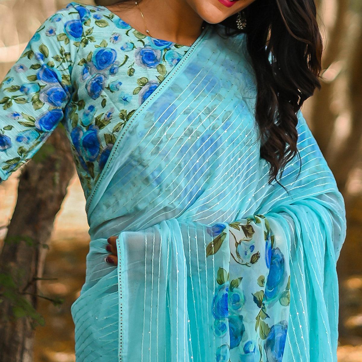 Blue Sequence Embroidered Art Silk Saree - Peachmode