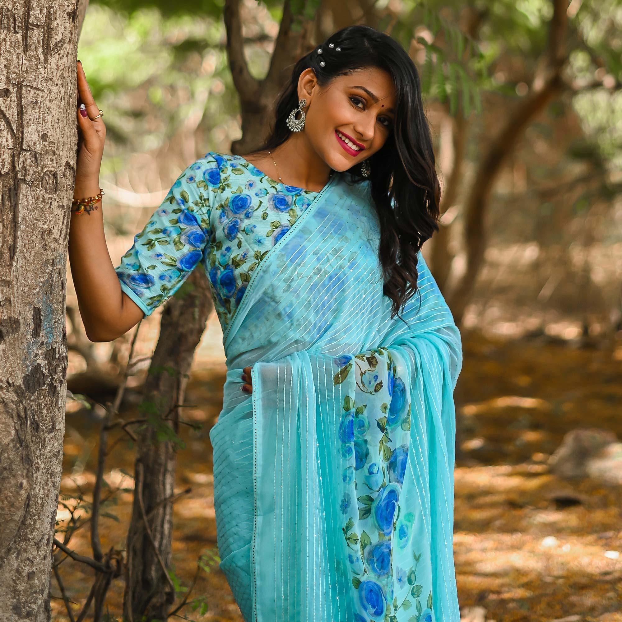 Blue Sequence Embroidered Art Silk Saree - Peachmode