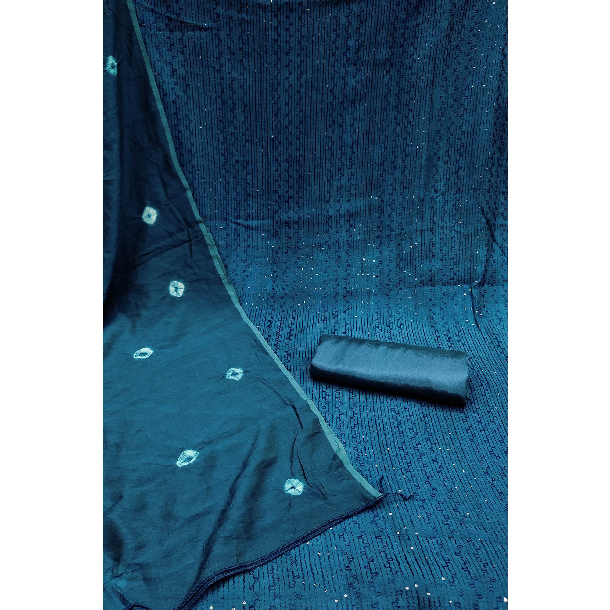 Blue Sequence Embroidered Chanderi Dress Material - Peachmode