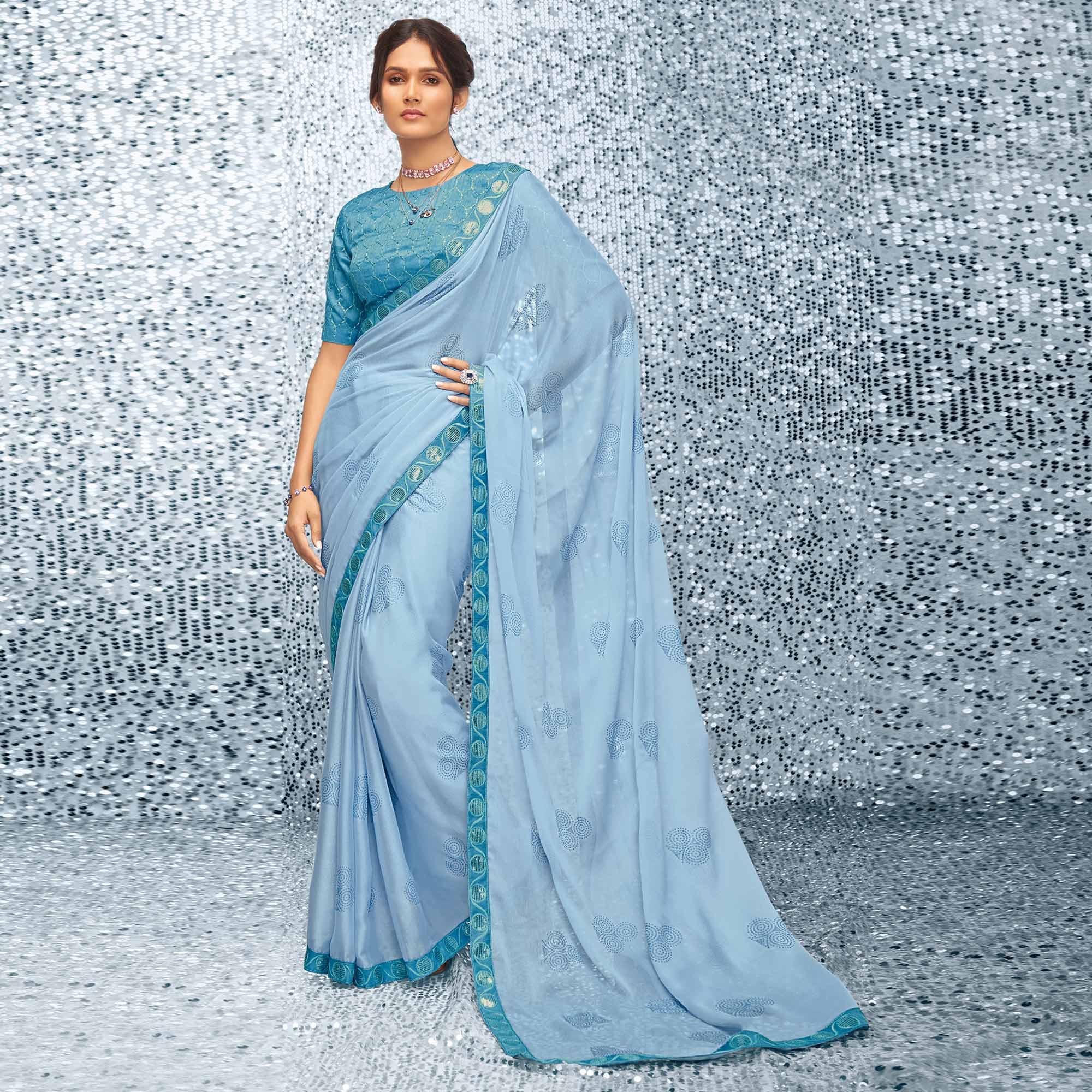 Blue Sequence Embroidered Chiffon Saree - Peachmode