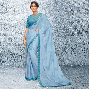 Blue Sequence Embroidered Chiffon Saree - Peachmode