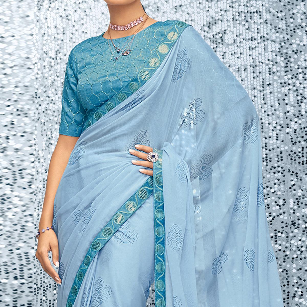 Blue Sequence Embroidered Chiffon Saree - Peachmode