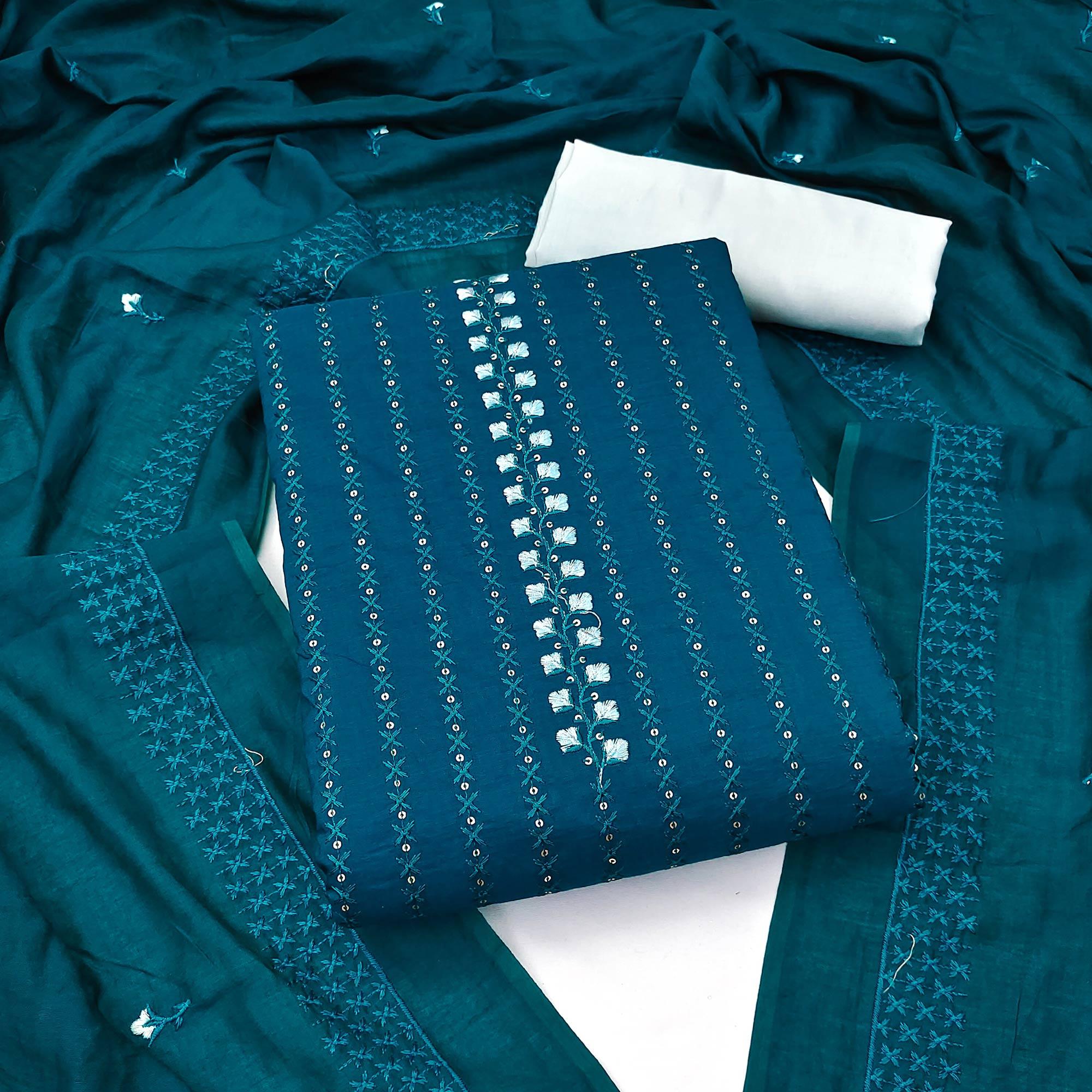 Blue Sequence Embroidered Cotton Silk Dress Material - Peachmode