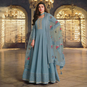 Blue Sequence Embroidered Dola Silk Anarkali Style Gown - Peachmode