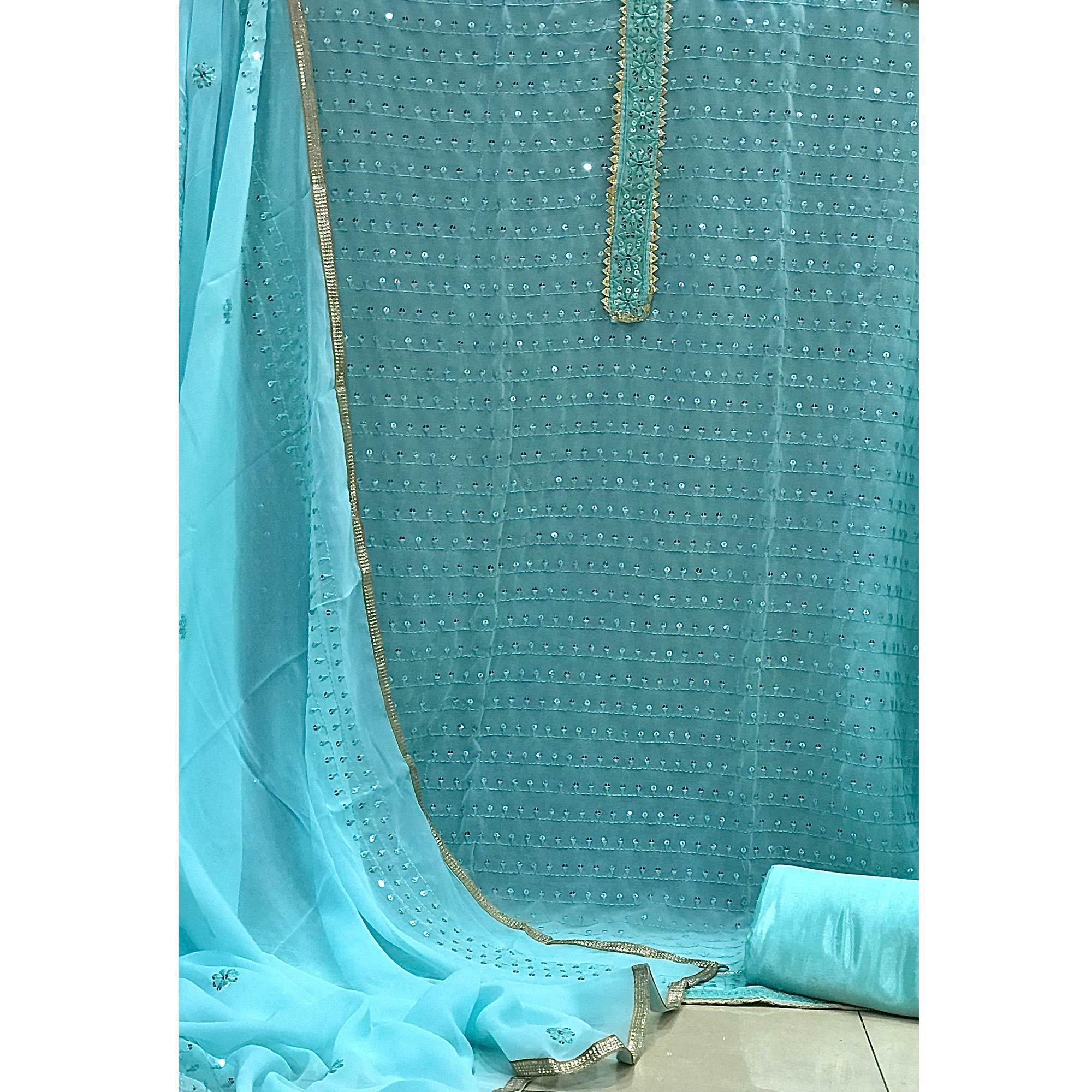 Blue Sequence Embroidered Georgette Dress Material - Peachmode
