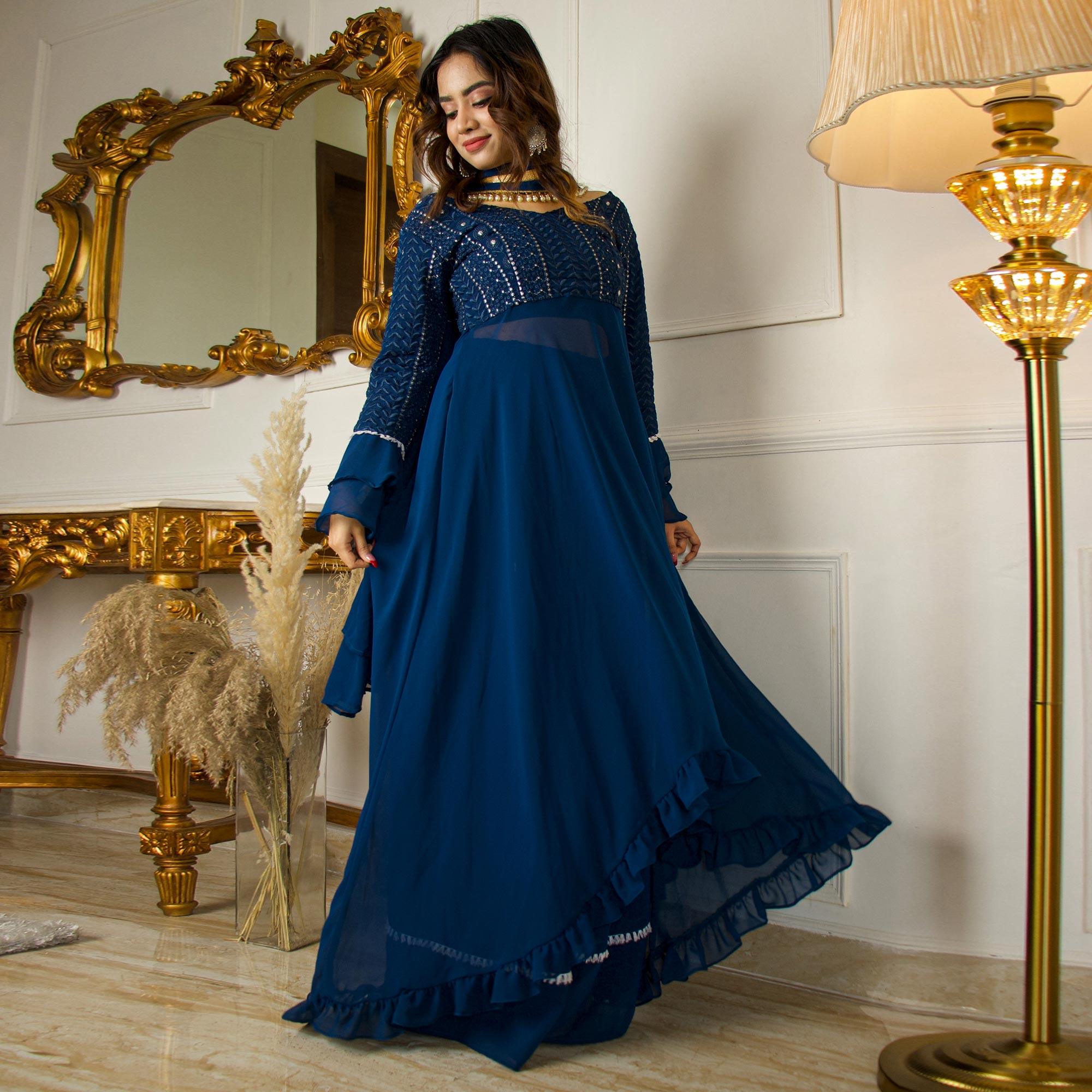 Blue Sequence Embroidered Georgette Partywear Suit With Dupatta - Peachmode