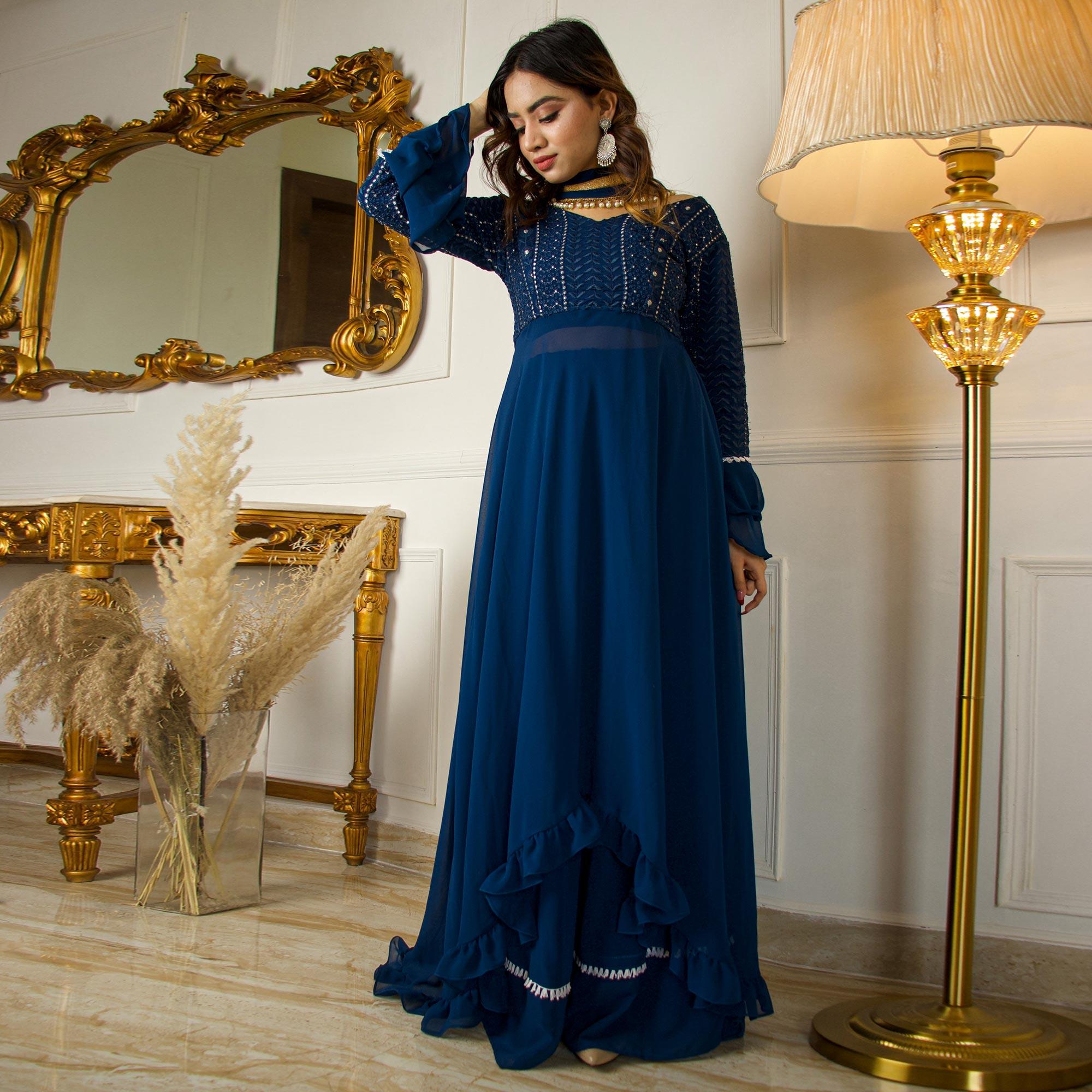 Blue Sequence Embroidered Georgette Partywear Suit With Dupatta - Peachmode