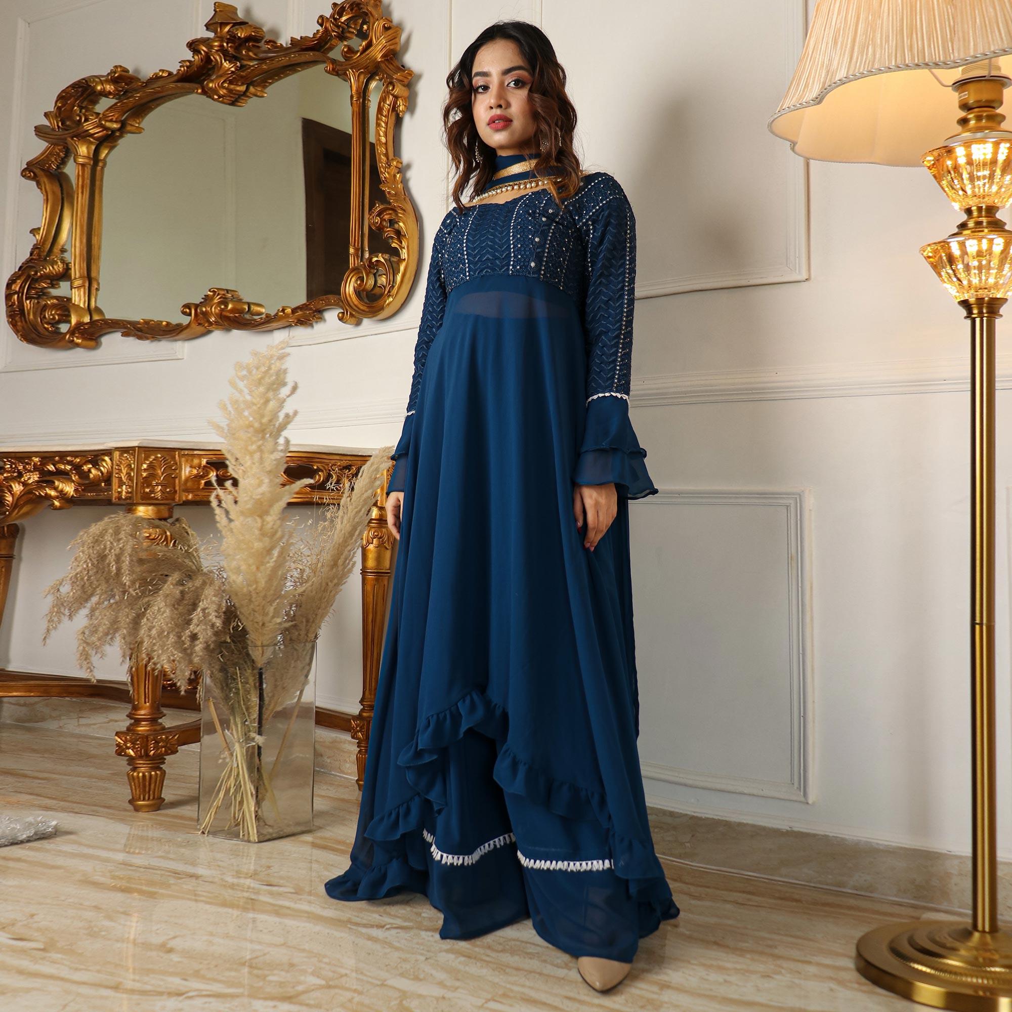 Blue Sequence Embroidered Georgette Partywear Suit With Dupatta - Peachmode