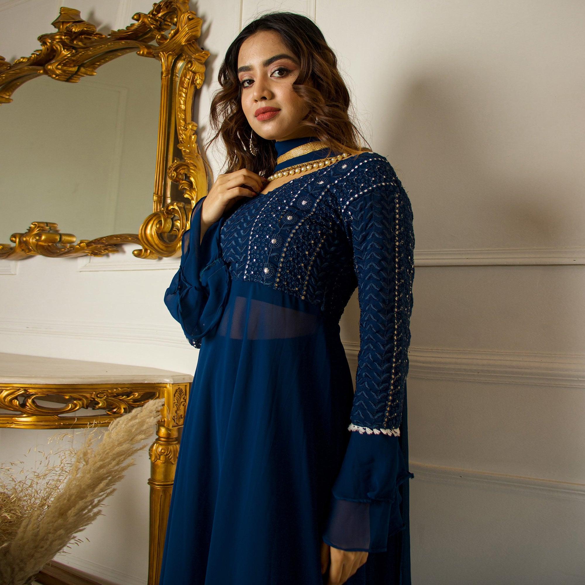 Blue Sequence Embroidered Georgette Partywear Suit With Dupatta - Peachmode