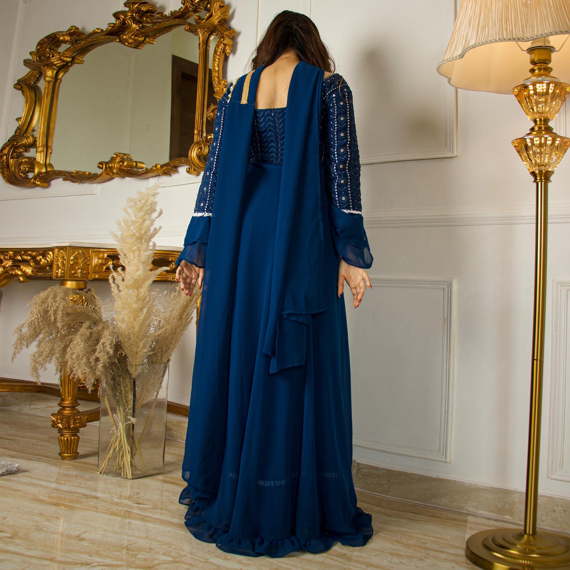 Blue Sequence Embroidered Georgette Partywear Suit With Dupatta - Peachmode