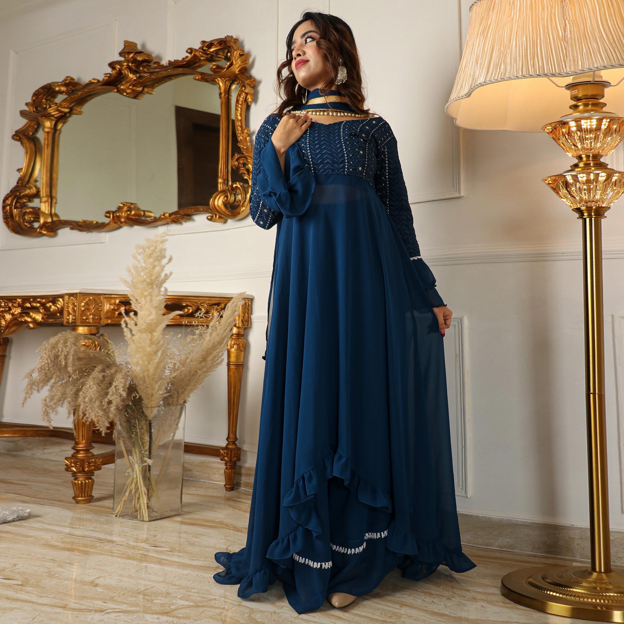 Blue Sequence Embroidered Georgette Partywear Suit With Dupatta - Peachmode