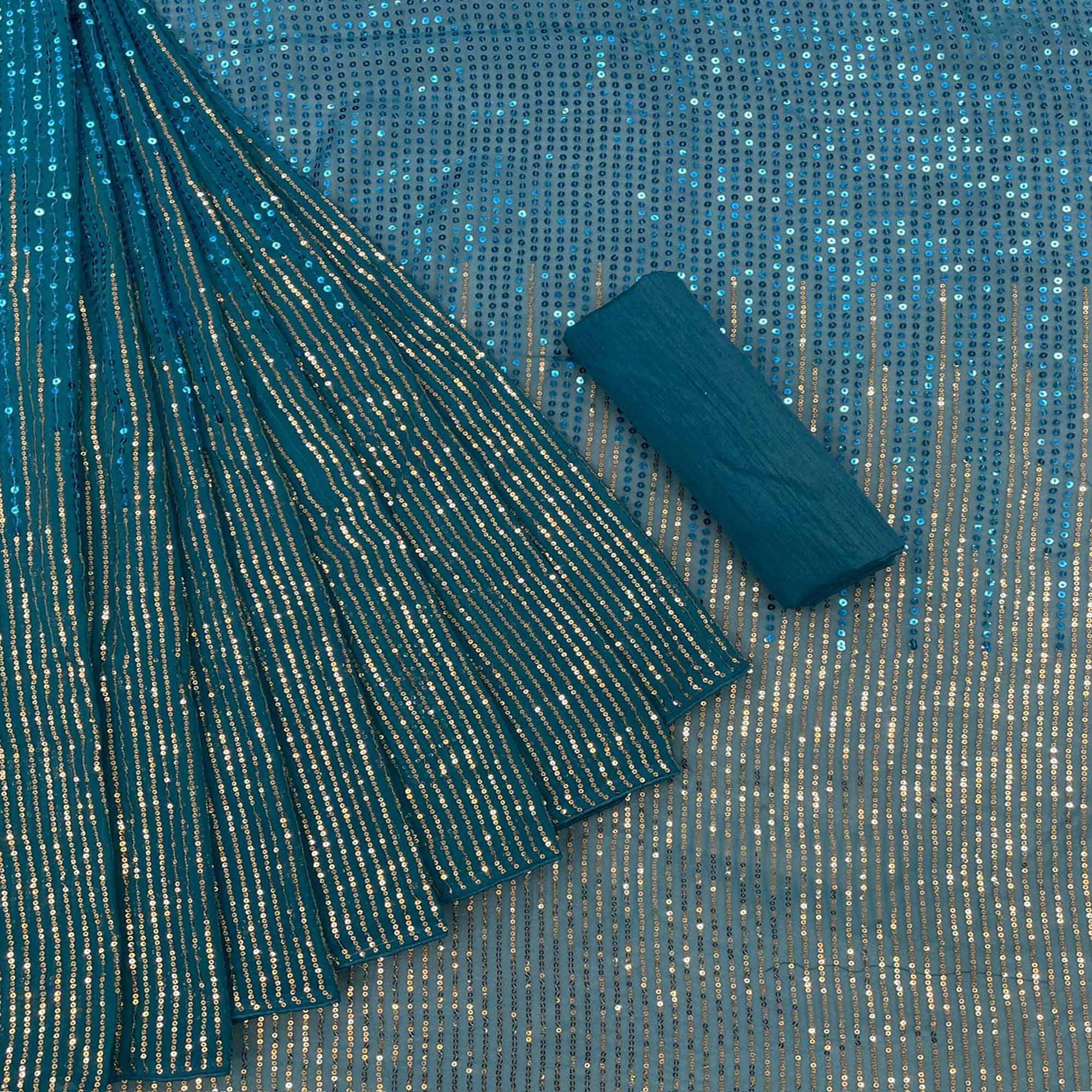 Blue Sequence Embroidered Georgette Saree - Peachmode