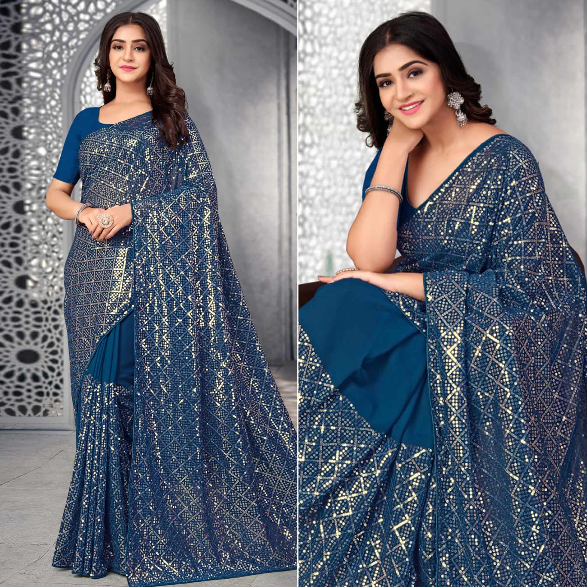 Blue Sequence Embroidered Georgette Saree - Peachmode