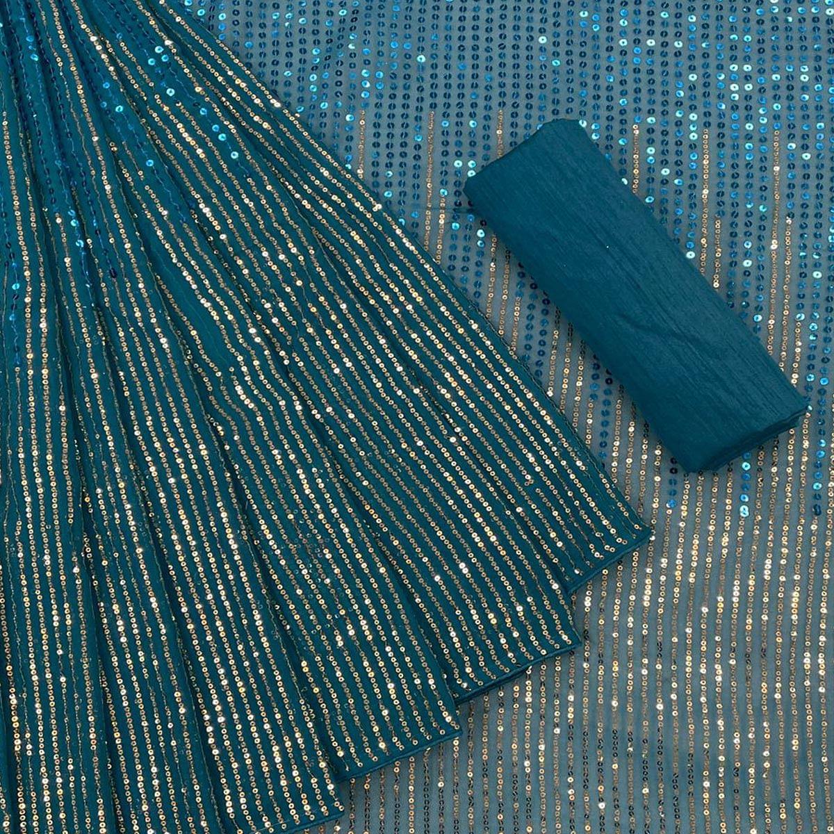 Blue Sequence Embroidered Georgette Saree - Peachmode