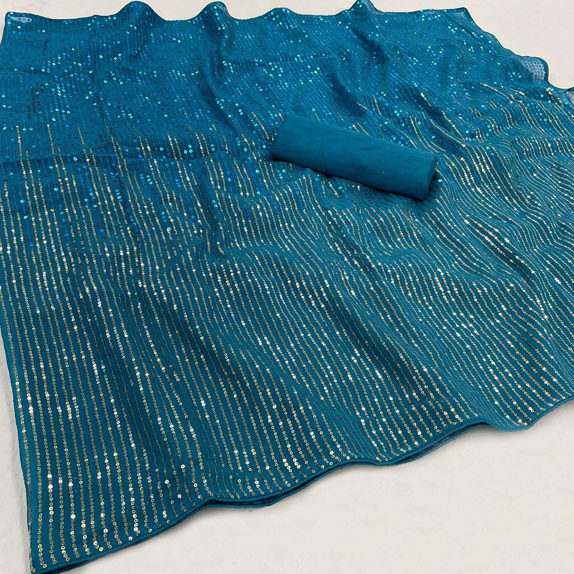 Blue Sequence Embroidered Georgette Saree - Peachmode