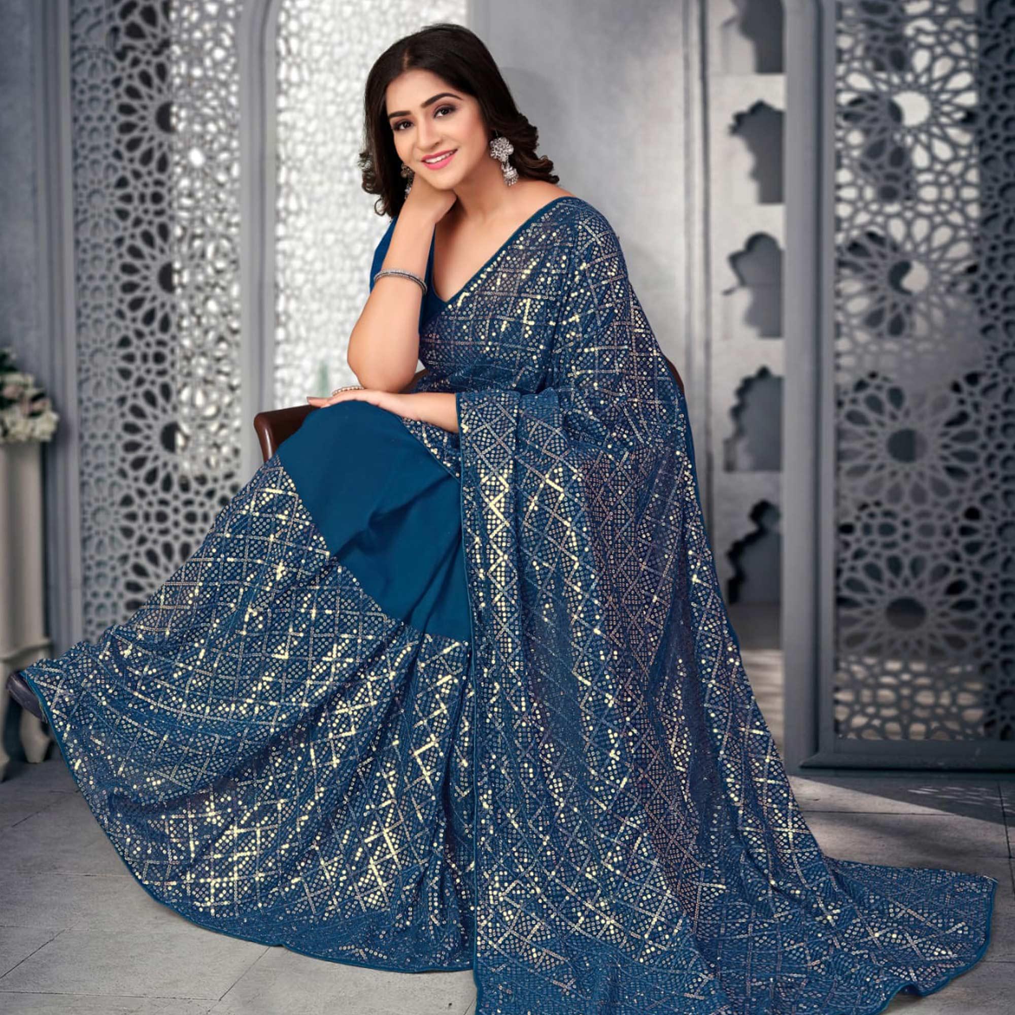 Blue Sequence Embroidered Georgette Saree - Peachmode