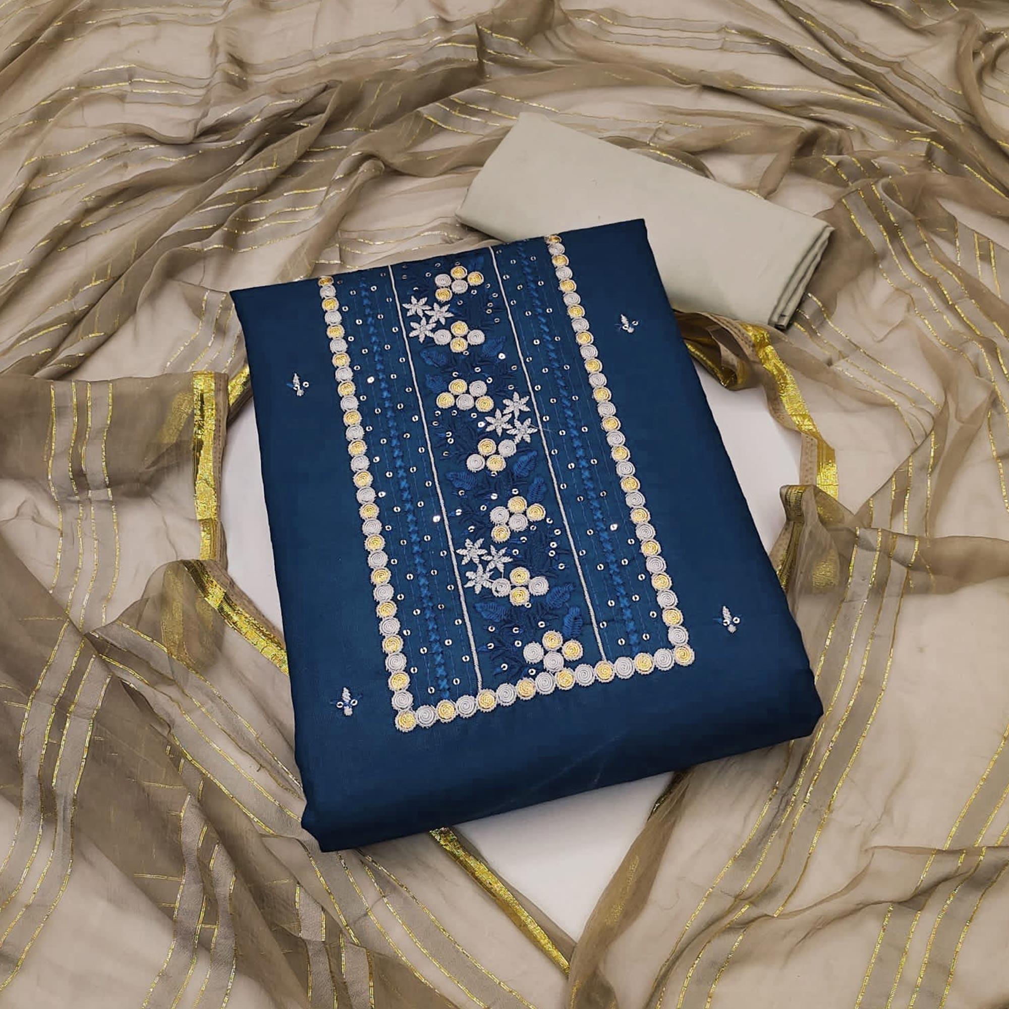 Blue Sequence Embroidered Poly Cotton Dress Material - Peachmode