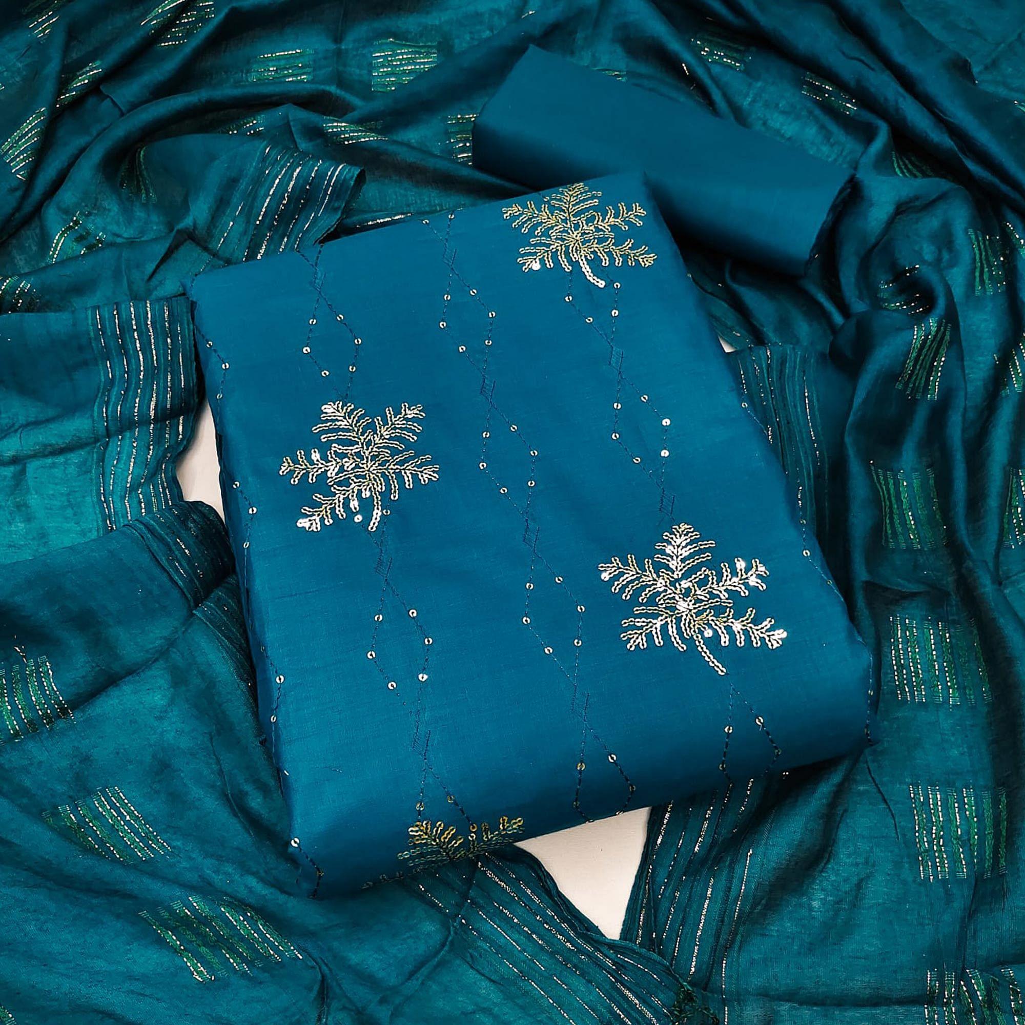 Blue Sequence Embroidered Pure Cotton Dress Material - Peachmode