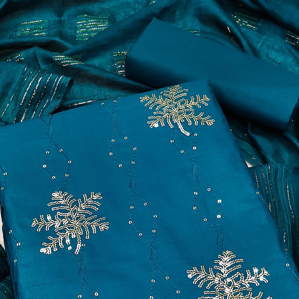 Blue Sequence Embroidered Pure Cotton Dress Material - Peachmode