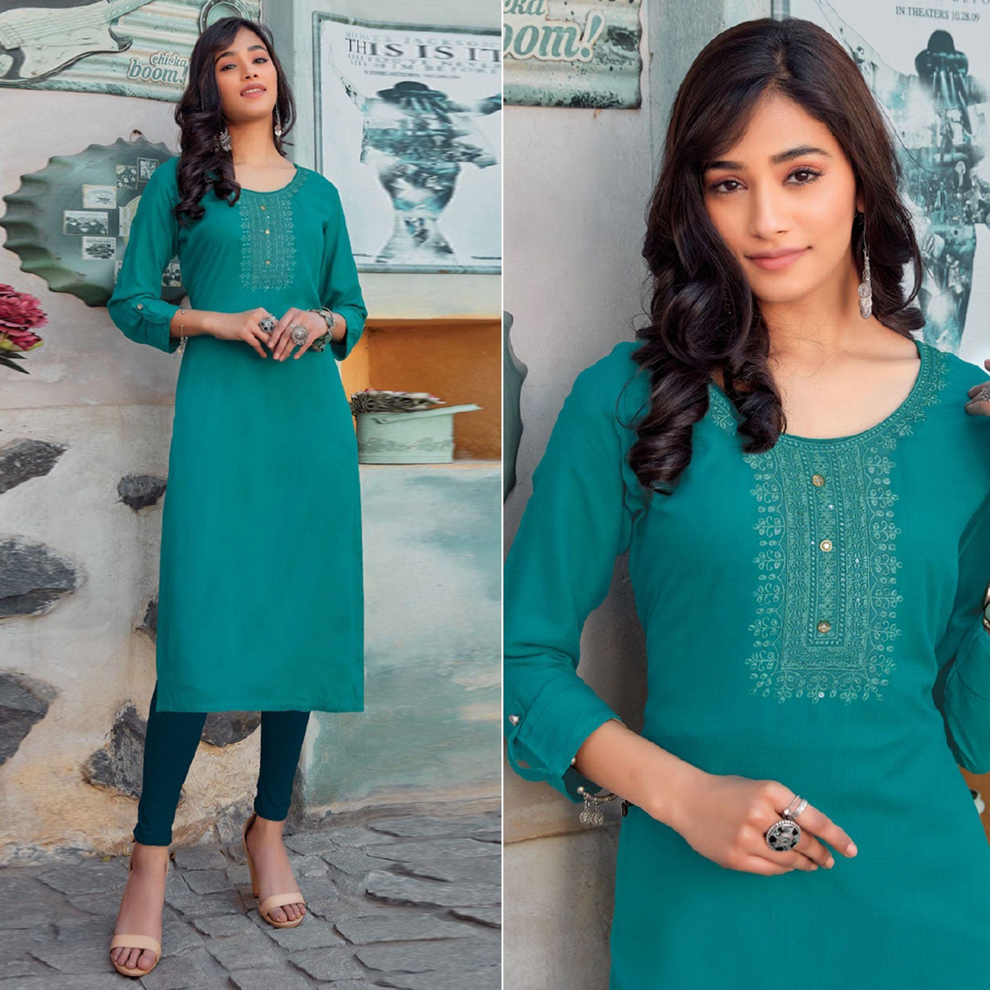 Blue Sequence Embroidered Pure Cotton Kurti - Peachmode