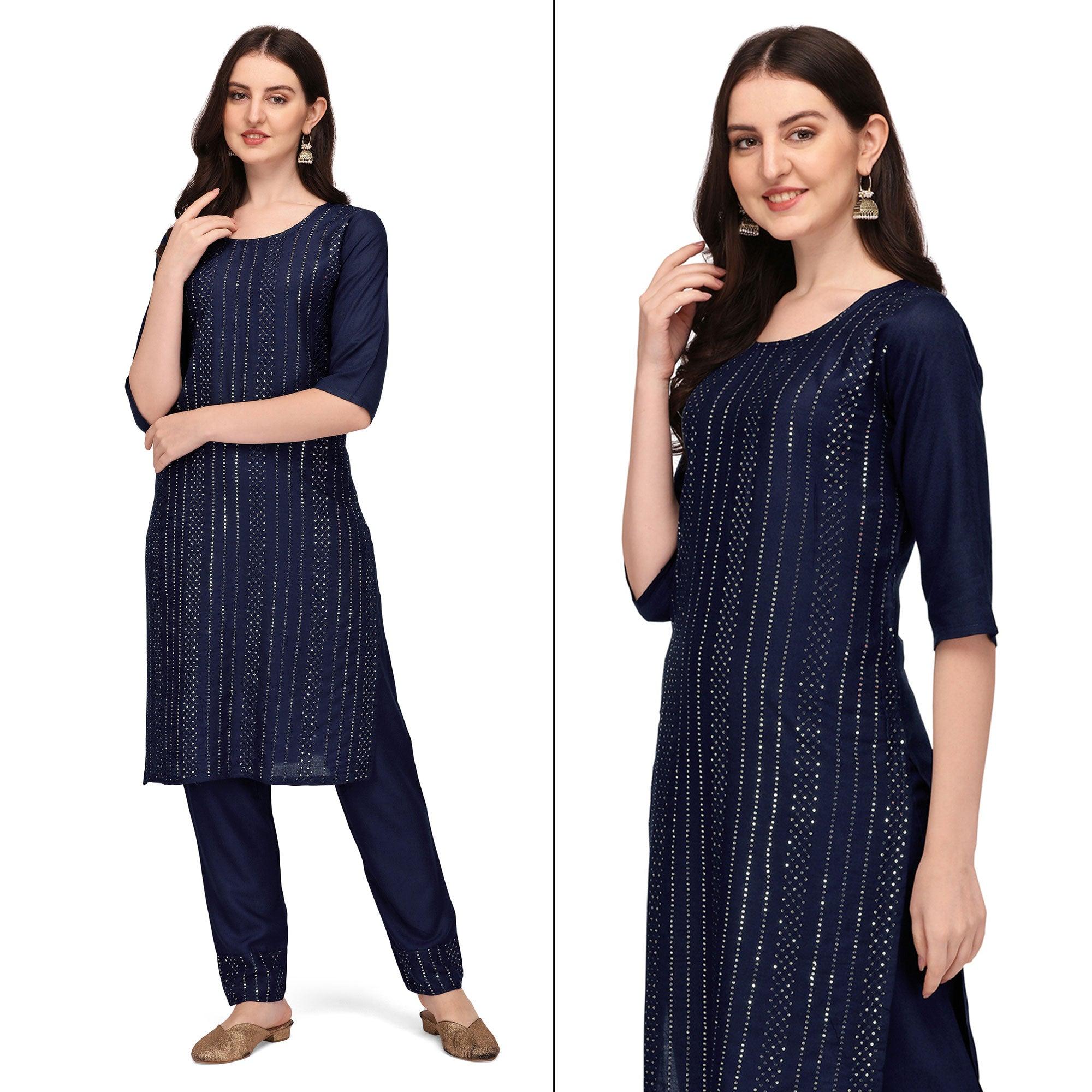Blue Sequence Embroidered Rayon Kurti Pant Set - Peachmode