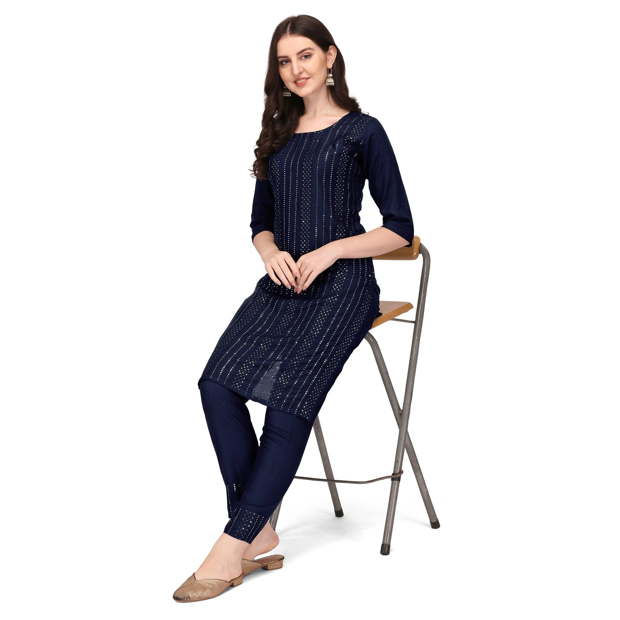 Blue Sequence Embroidered Rayon Kurti Pant Set - Peachmode