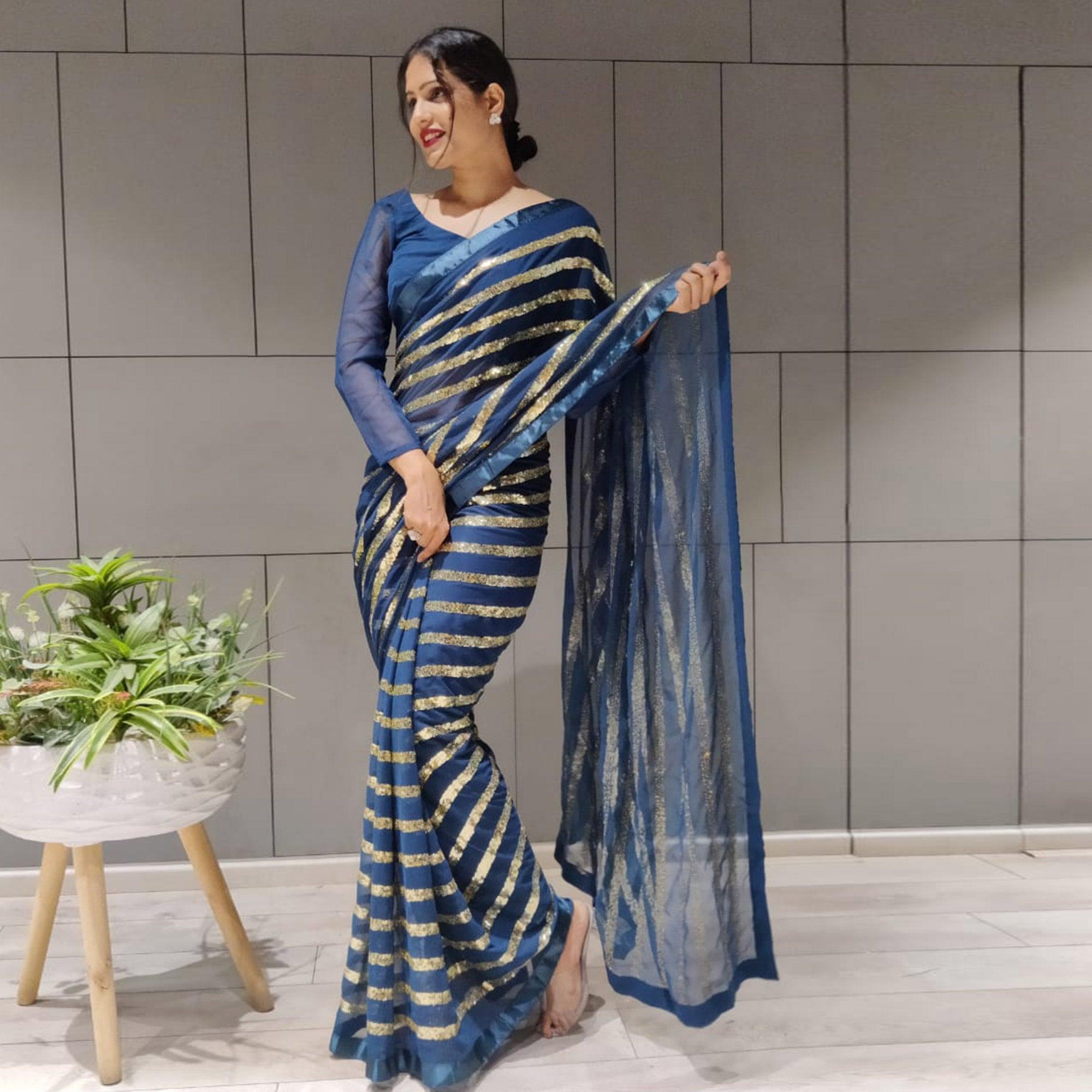 Blue Sequence Embroidered With Stripes Georgette Saree - Peachmode