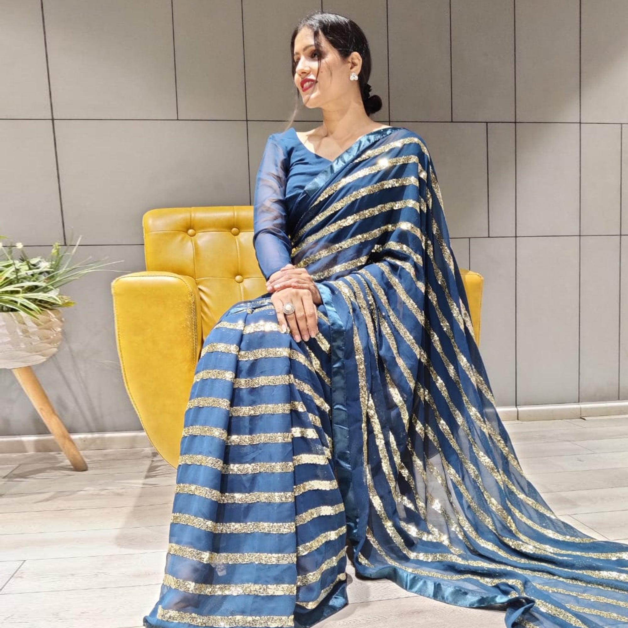 Blue Sequence Embroidered With Stripes Georgette Saree - Peachmode