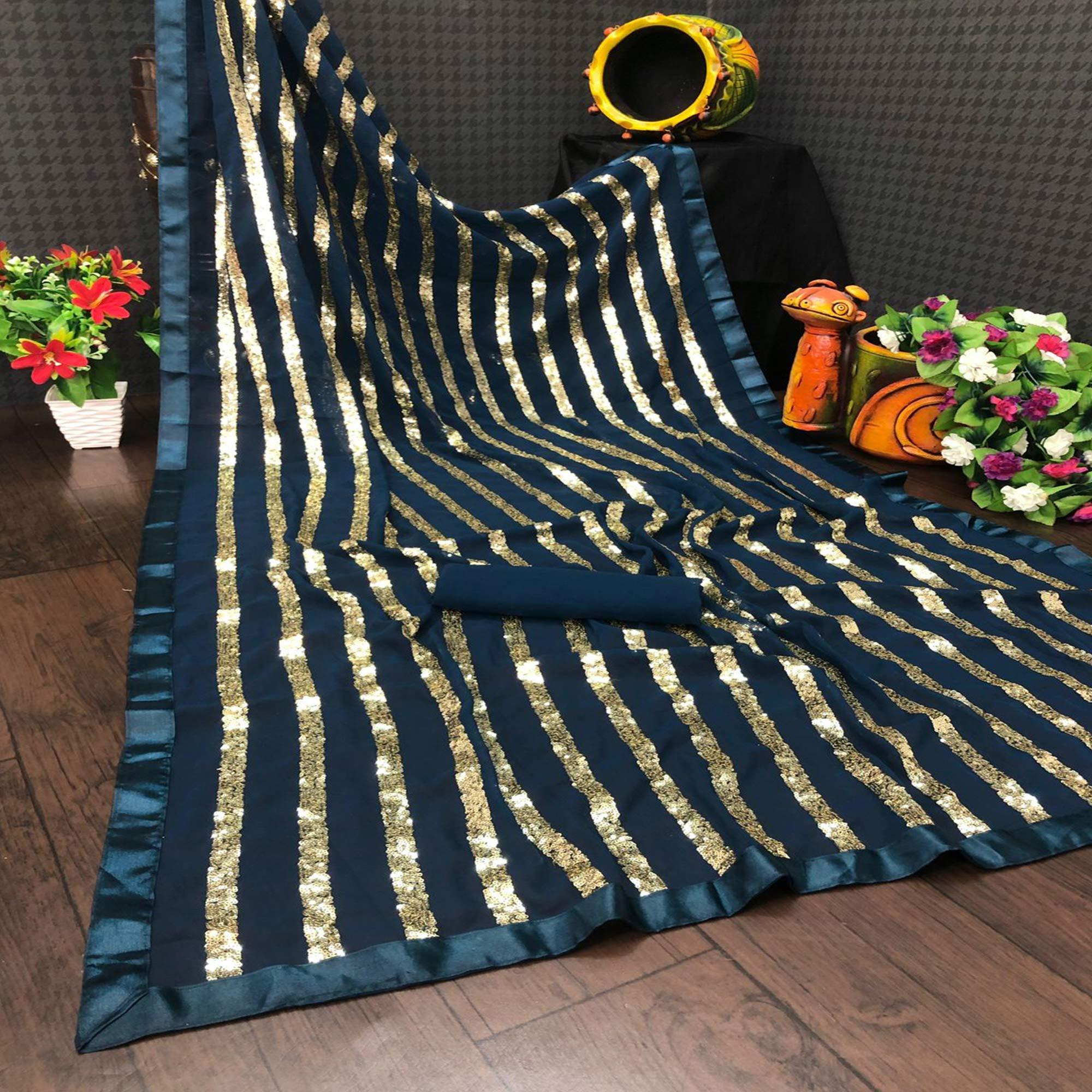 Blue Sequence Embroidered With Stripes Georgette Saree - Peachmode