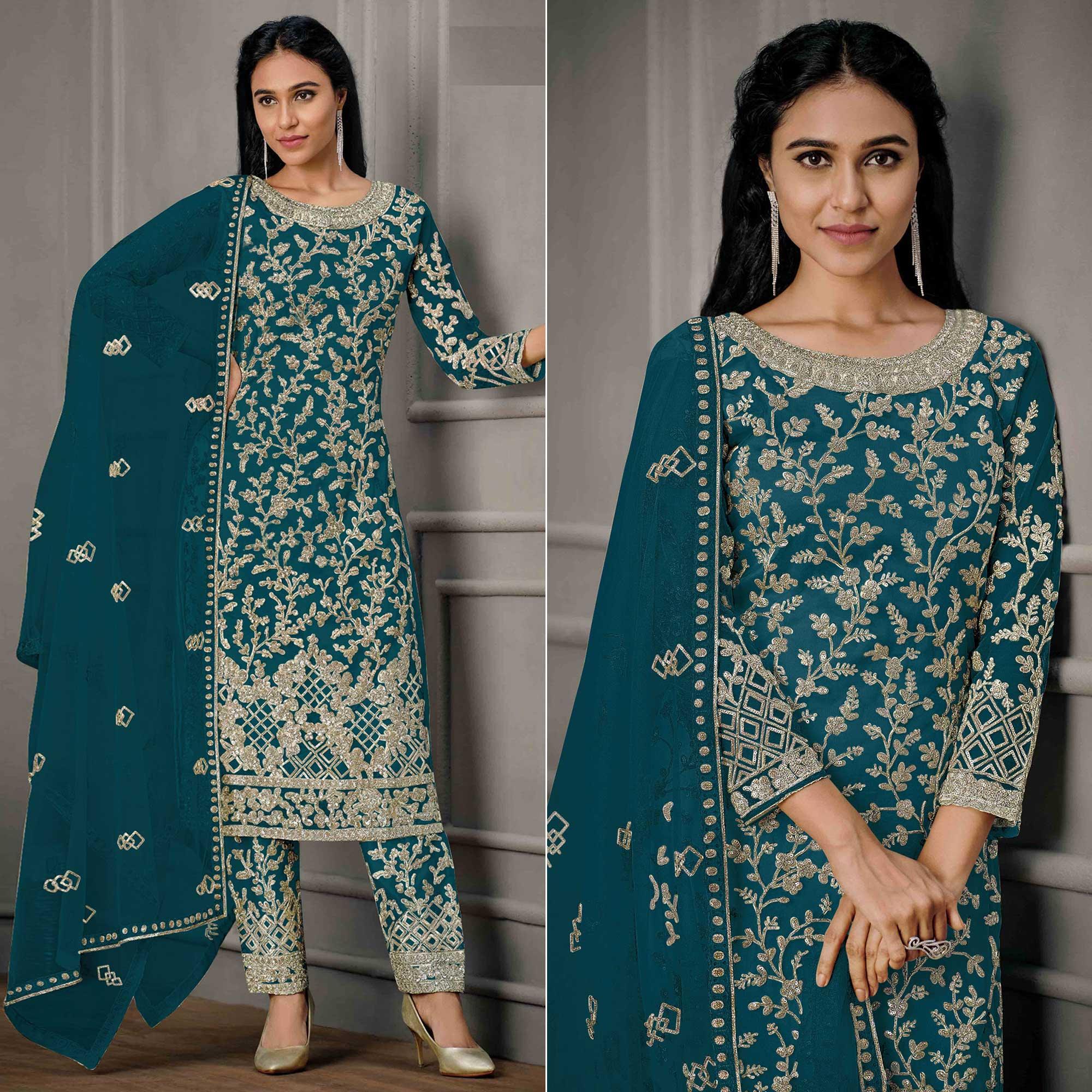 Blue Sequence Floral Embroidered Net Salwar Suit - Peachmode
