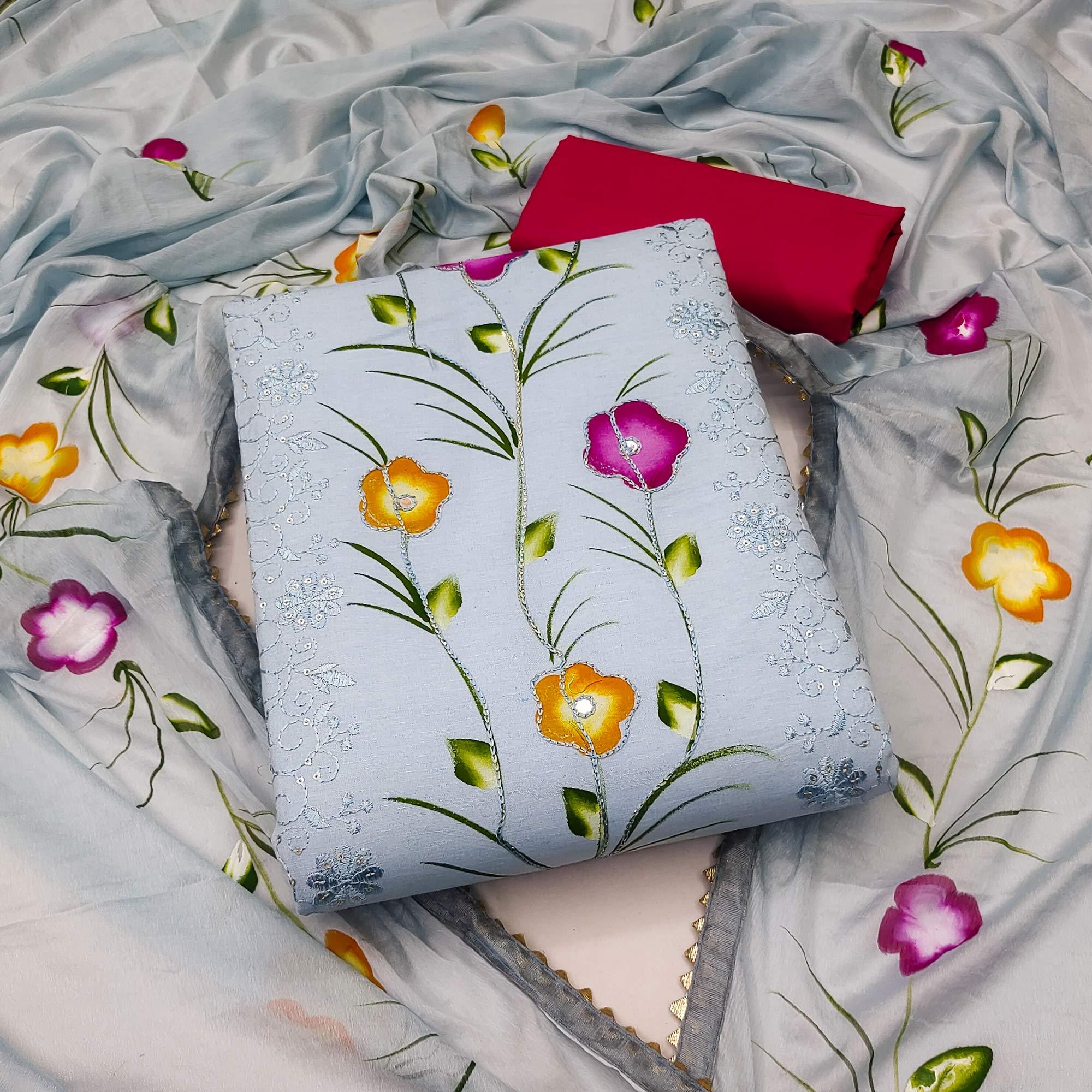 Blue Sequence Floral Embroidered Pure Cotton Dress Material - Peachmode