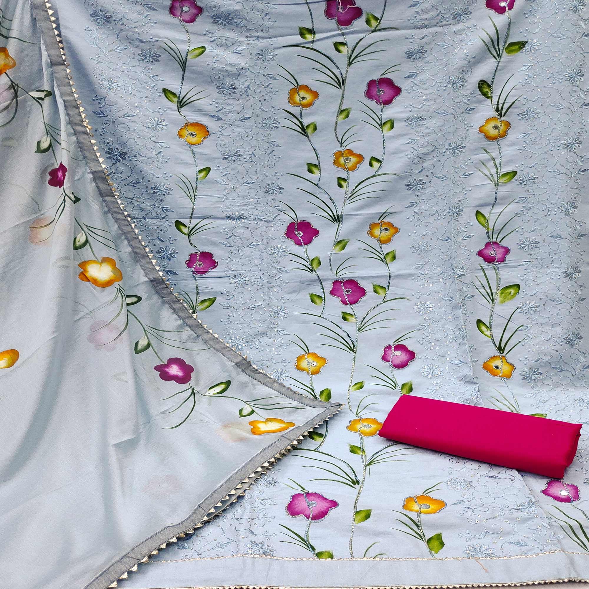 Blue Sequence Floral Embroidered Pure Cotton Dress Material - Peachmode