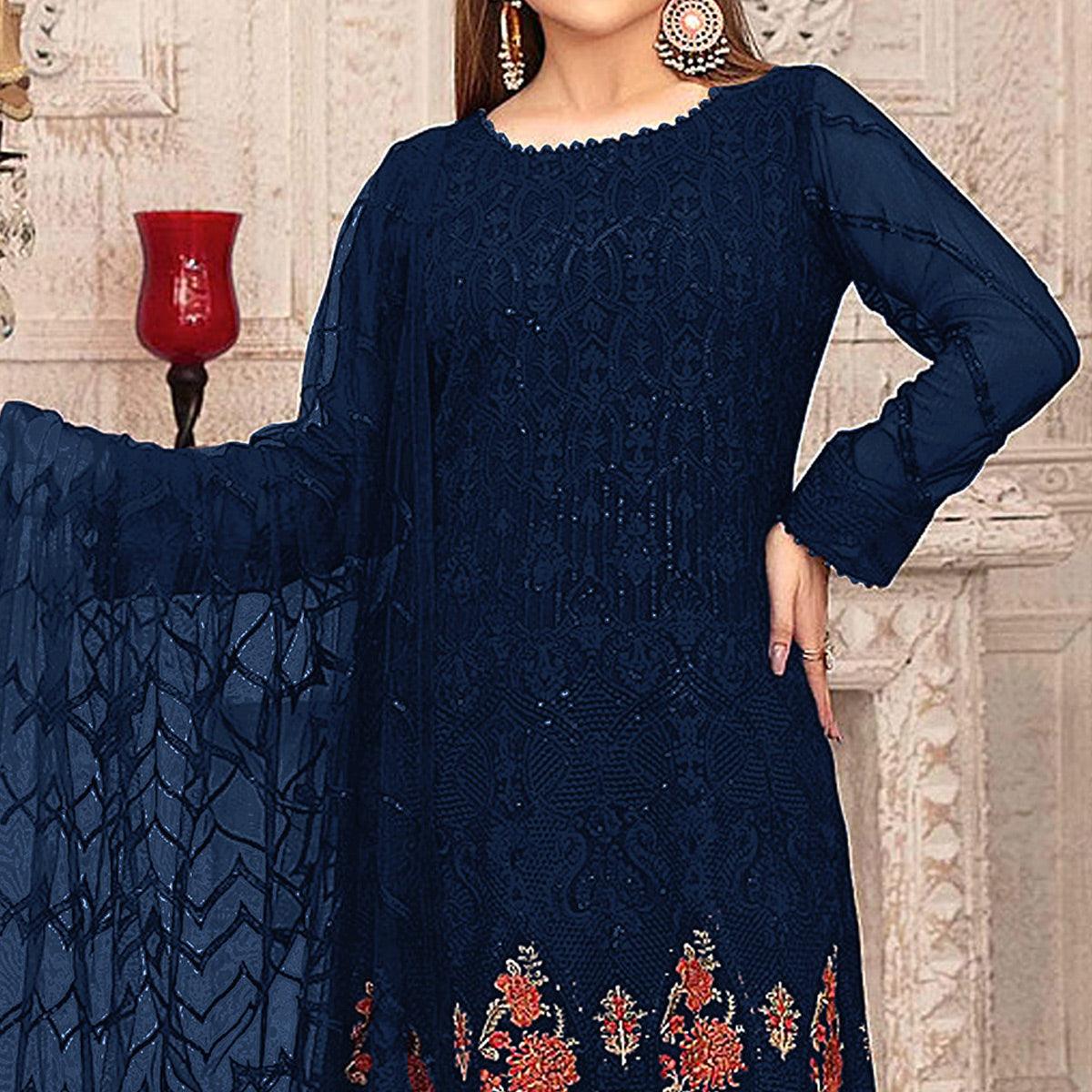 Blue Sequence With Floral Embroidered Georgette Pakistani Suit - Peachmode