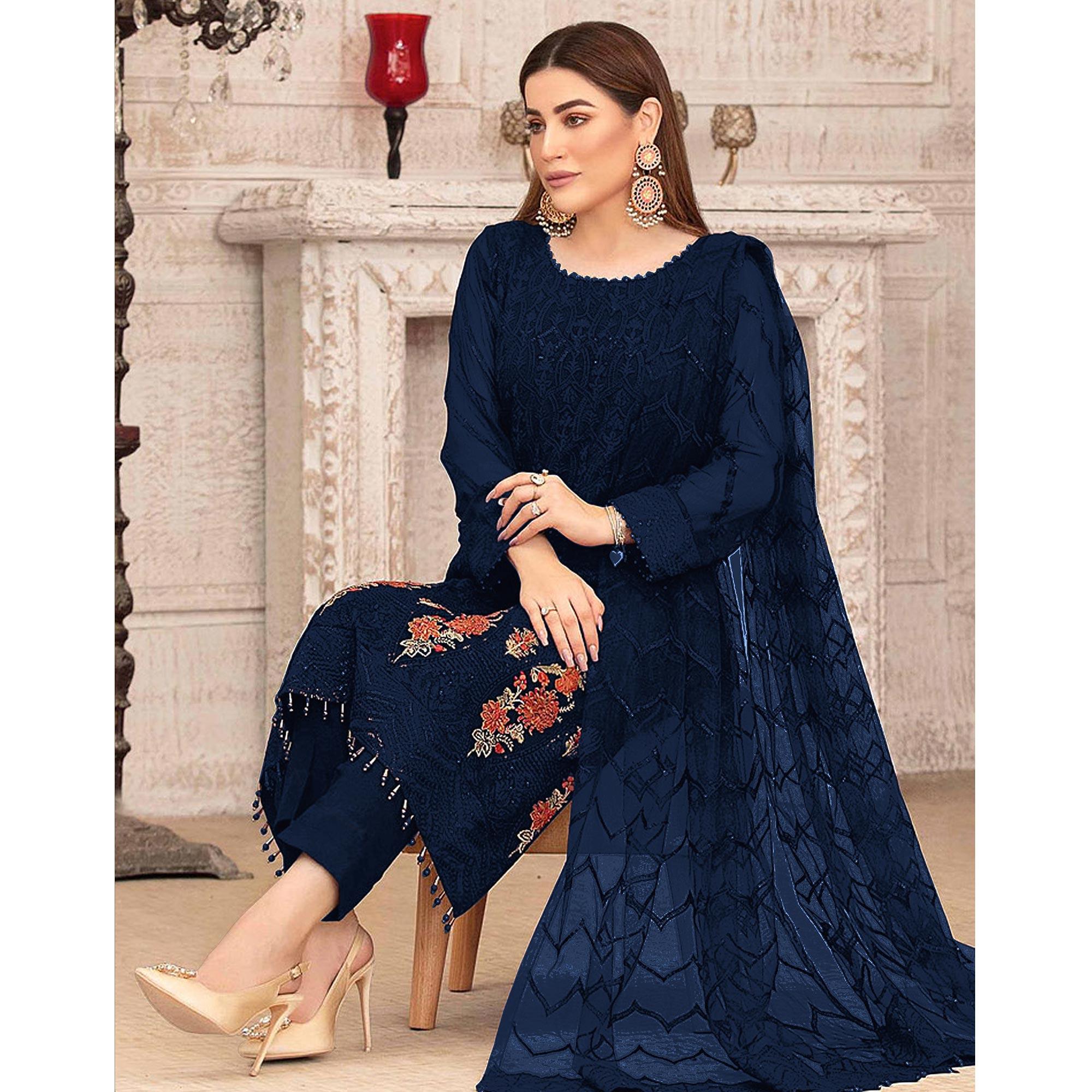 Blue Sequence With Floral Embroidered Georgette Pakistani Suit - Peachmode