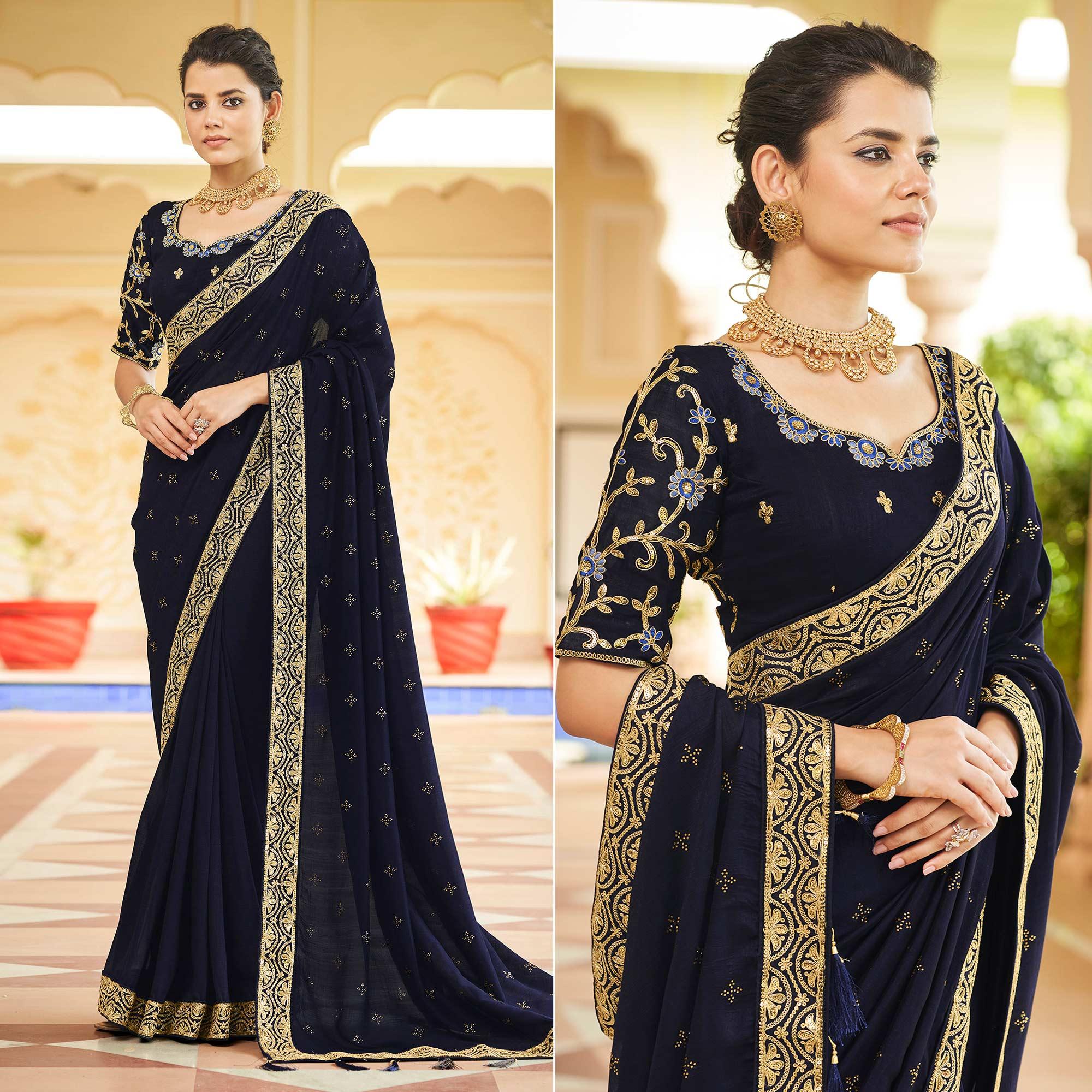 Blue Sequence With swarovski Work Vichitra Silk Saree - Peachmode