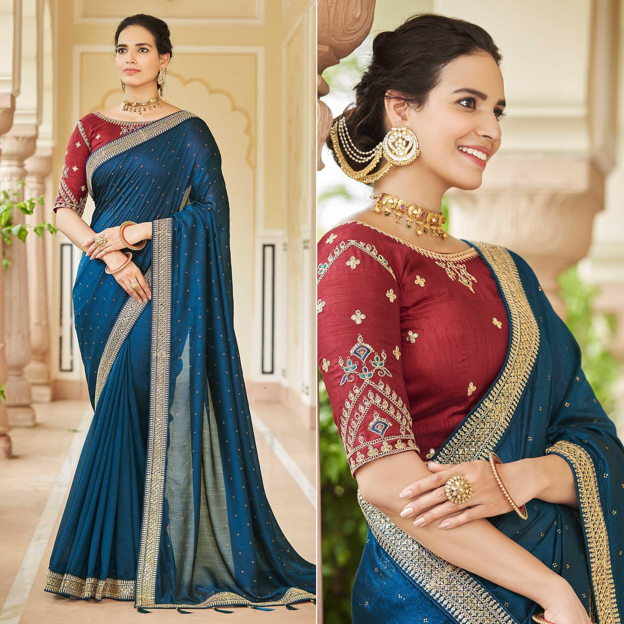 Blue Sequence With swarovski Work Vichitra Silk Saree - Peachmode