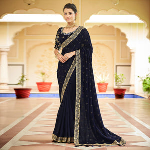 Blue Sequence With swarovski Work Vichitra Silk Saree - Peachmode