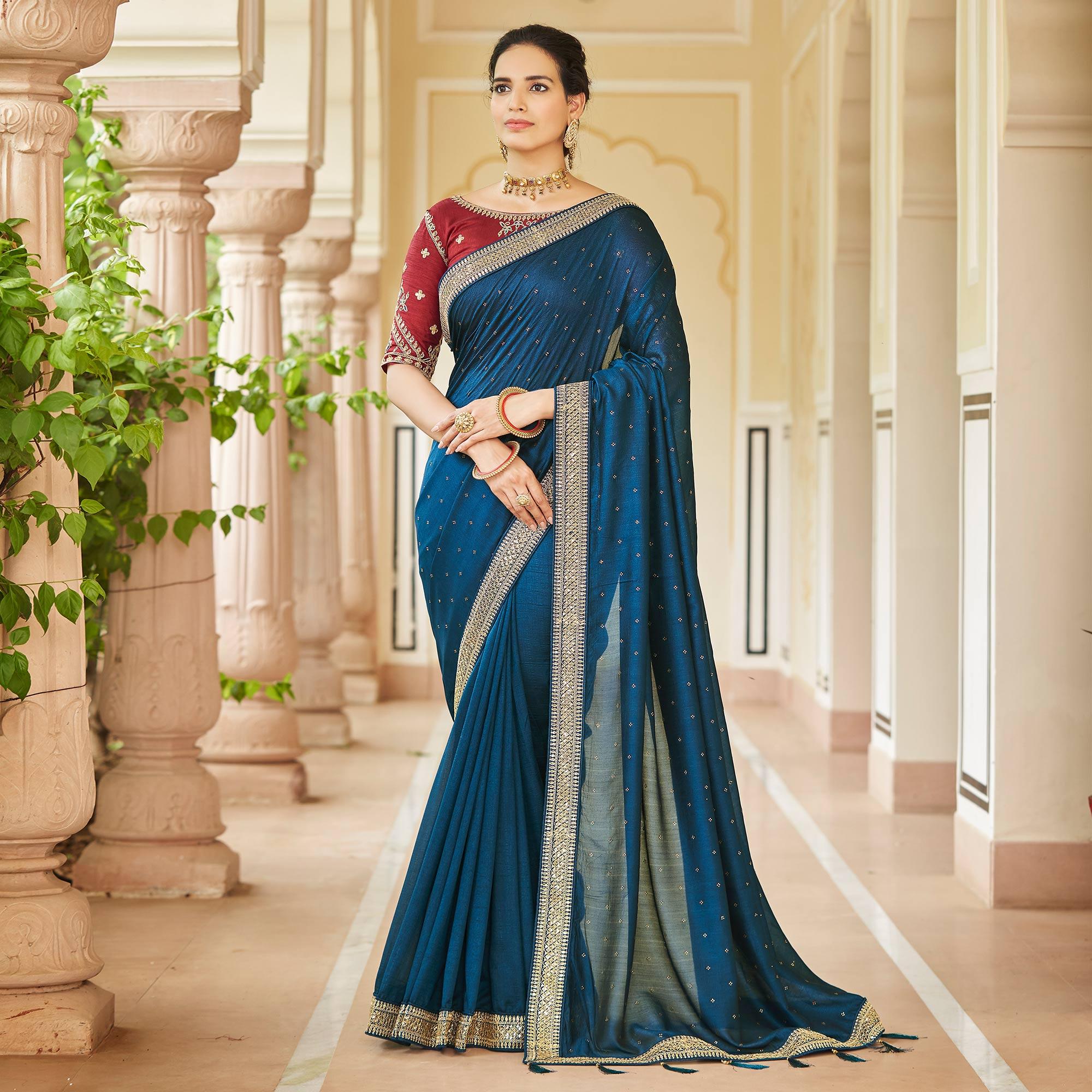 Blue Sequence With swarovski Work Vichitra Silk Saree - Peachmode