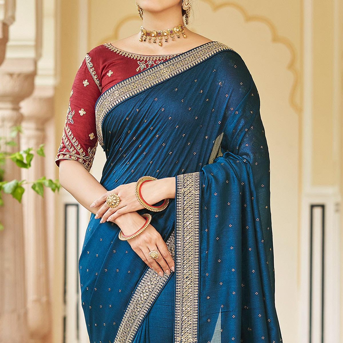Blue Sequence With swarovski Work Vichitra Silk Saree - Peachmode