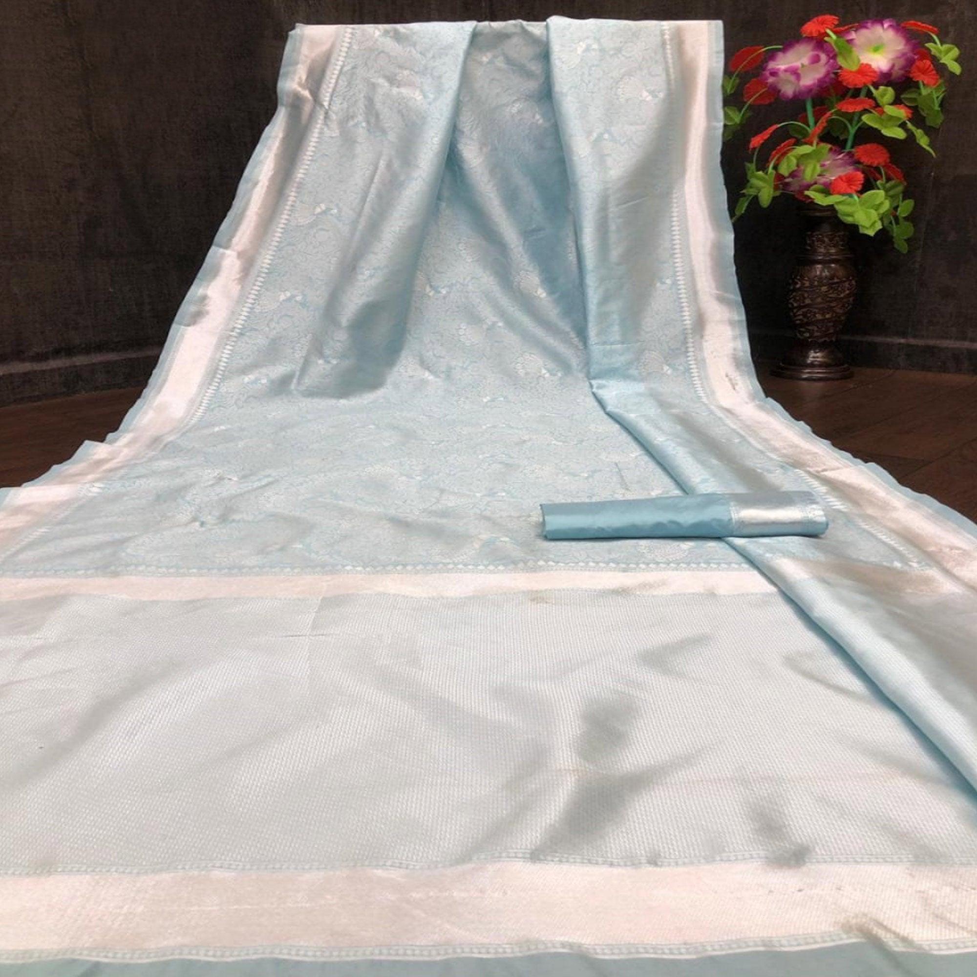 Blue-Silver Festive Wear Woven Designer Border Soft Lichi Silk Saree - Peachmode