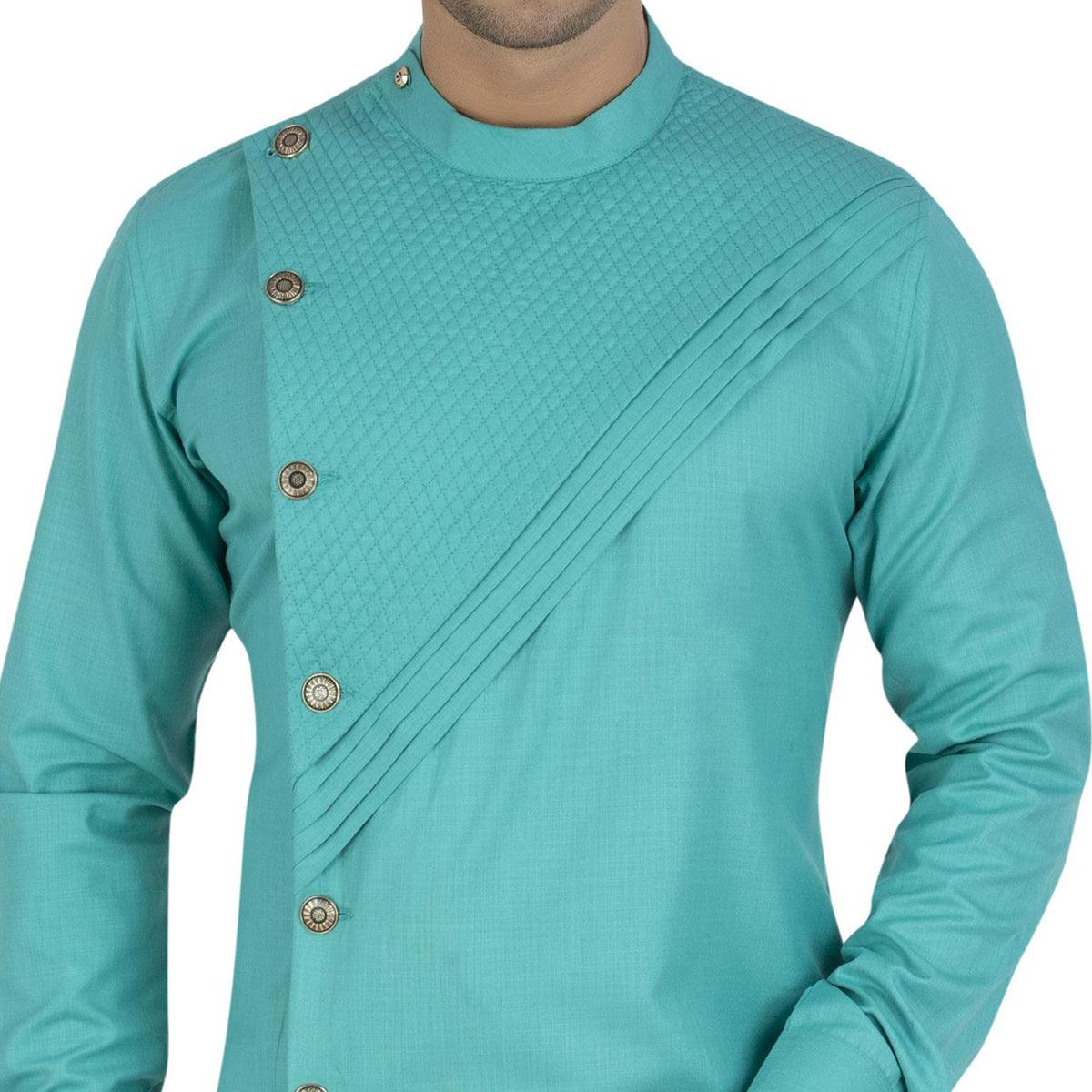 Blue Solid Pure Cotton Men's Kurta Pyjama Set - Peachmode