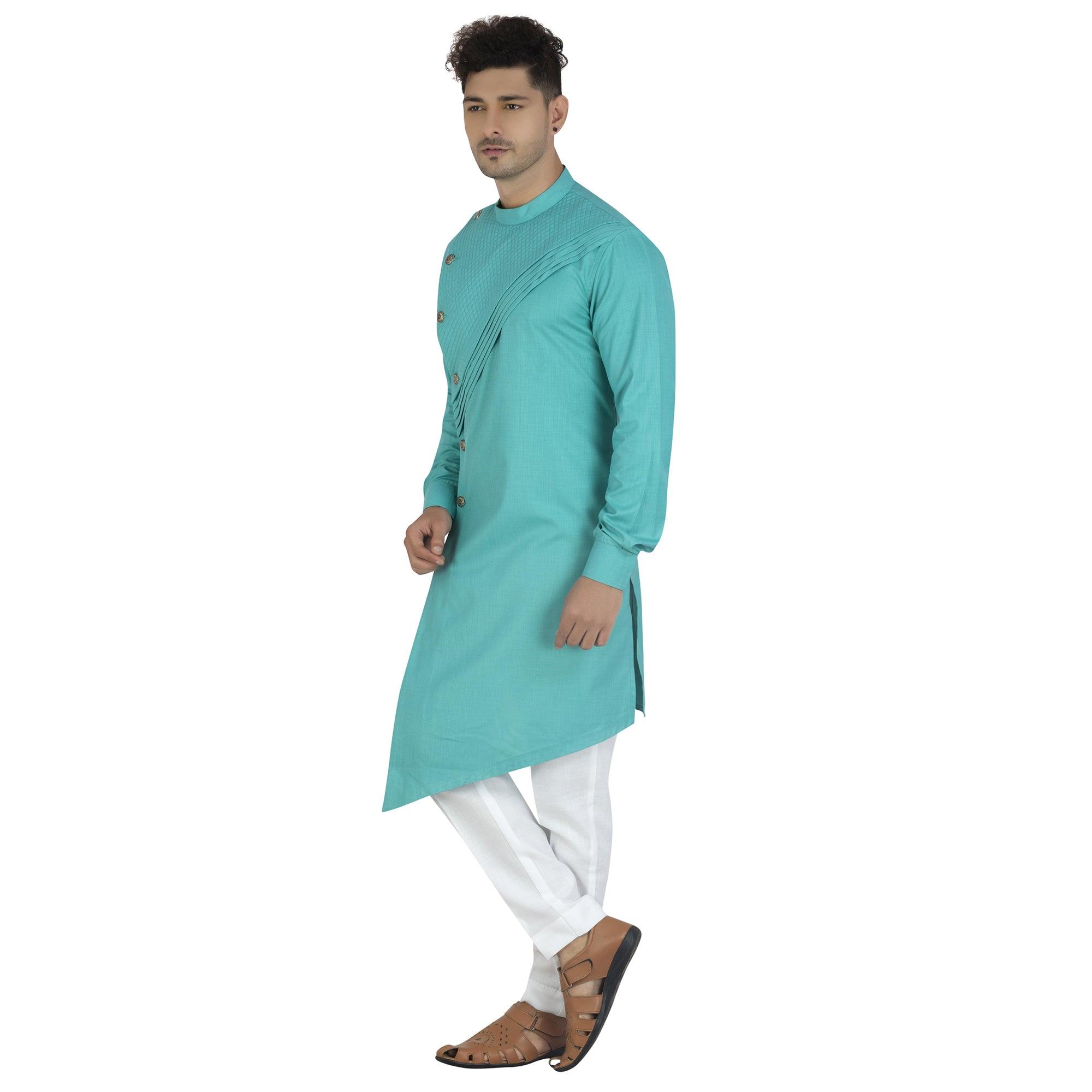Blue Solid Pure Cotton Men's Kurta Pyjama Set - Peachmode