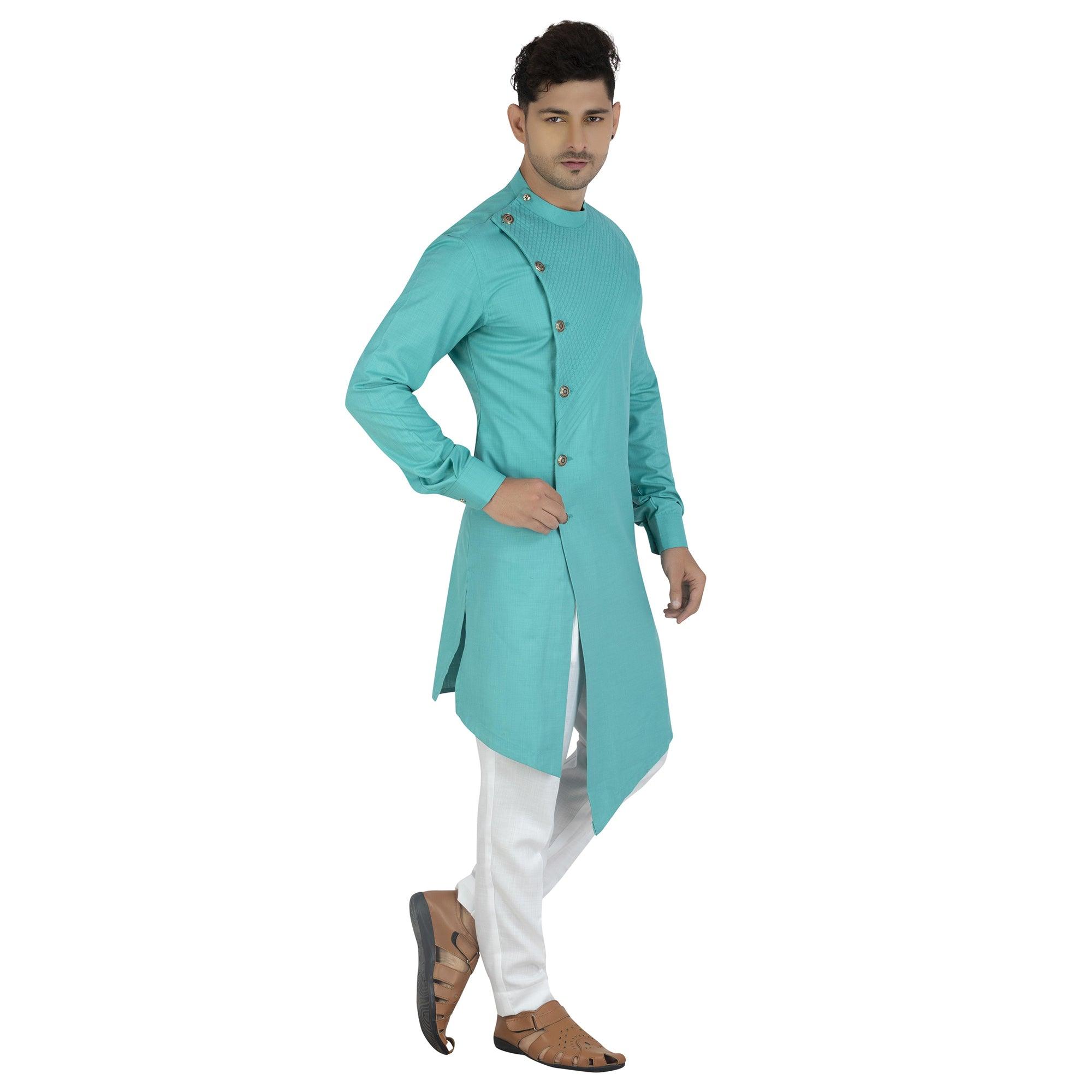 Blue Solid Pure Cotton Men's Kurta Pyjama Set - Peachmode