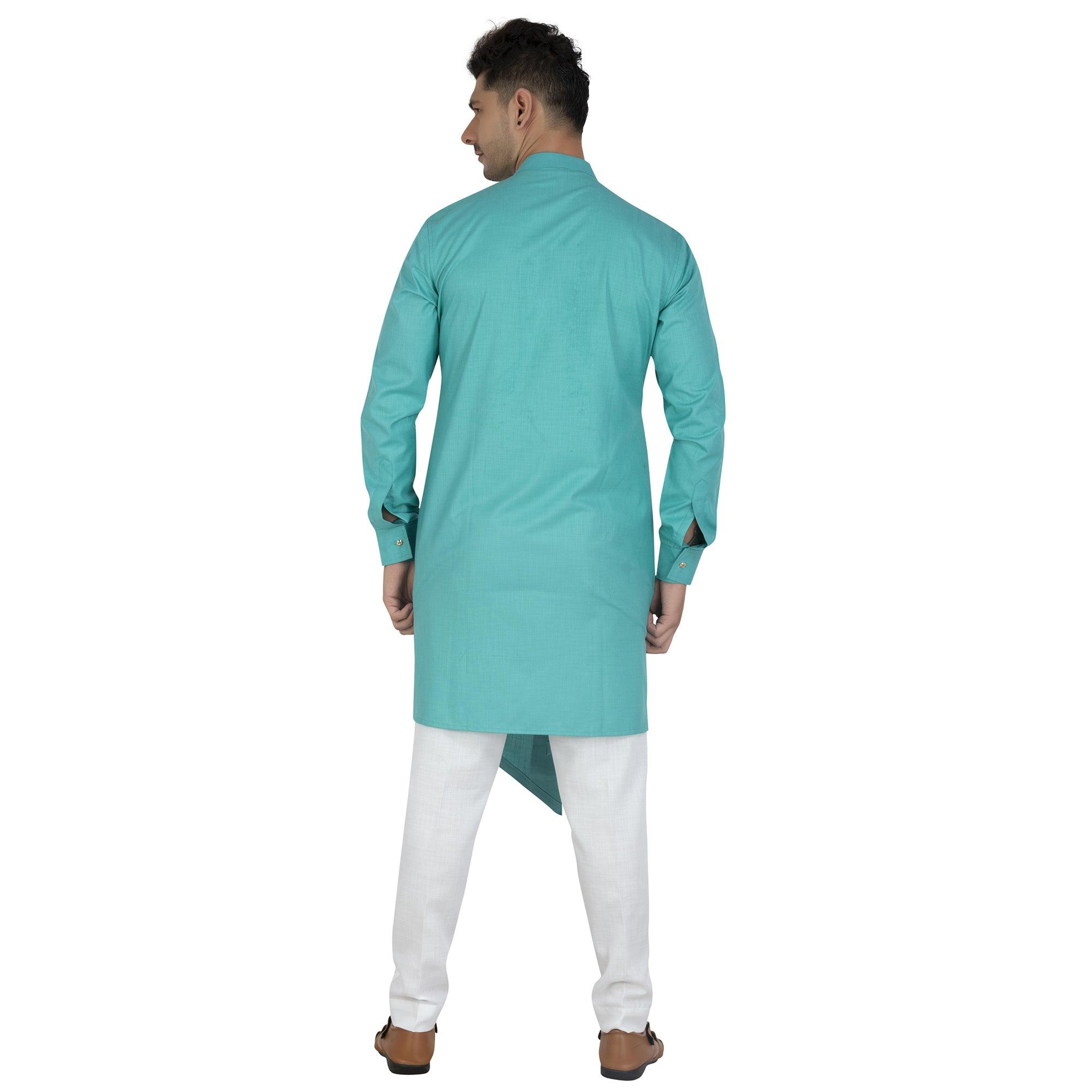 Blue Solid Pure Cotton Men's Kurta Pyjama Set - Peachmode