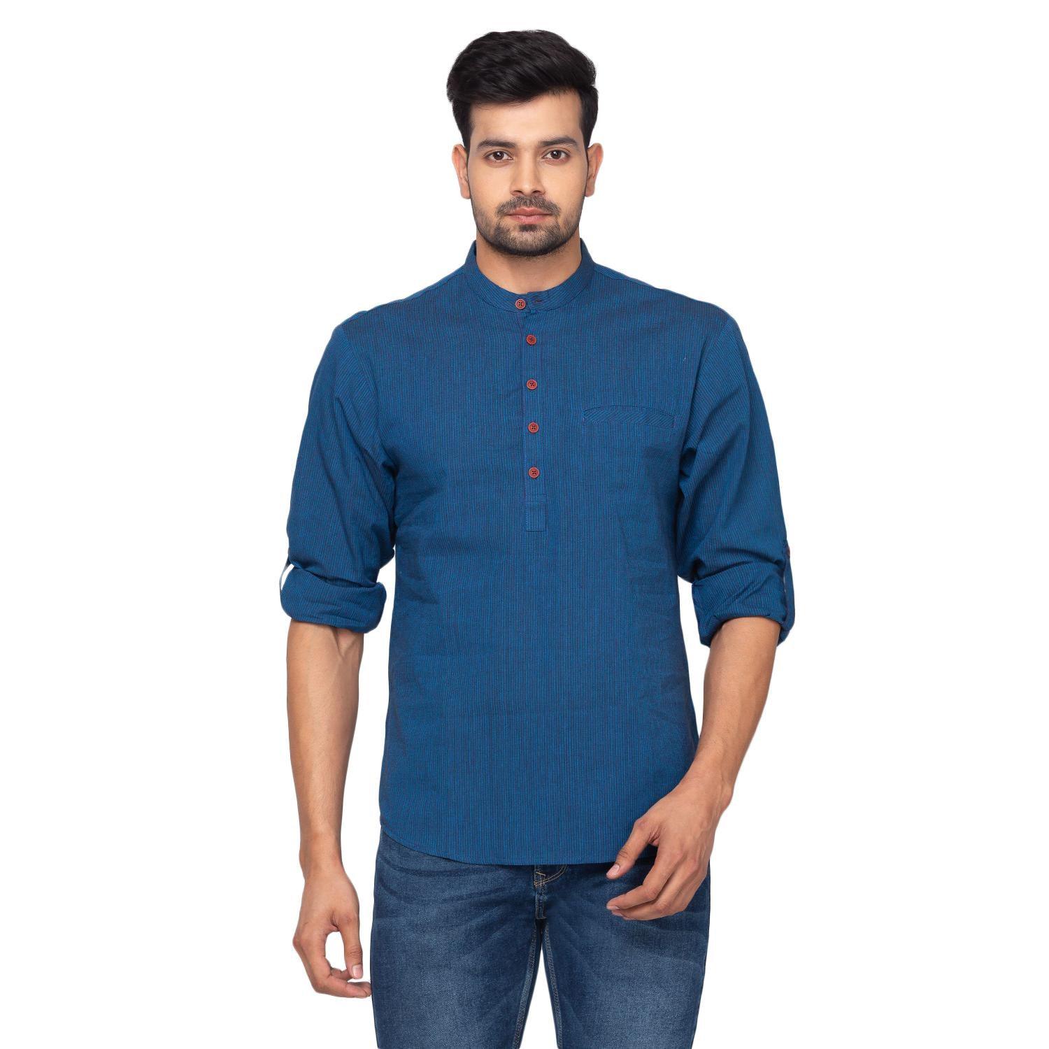 Blue Solid Pure Cotton Short Kurta - Peachmode
