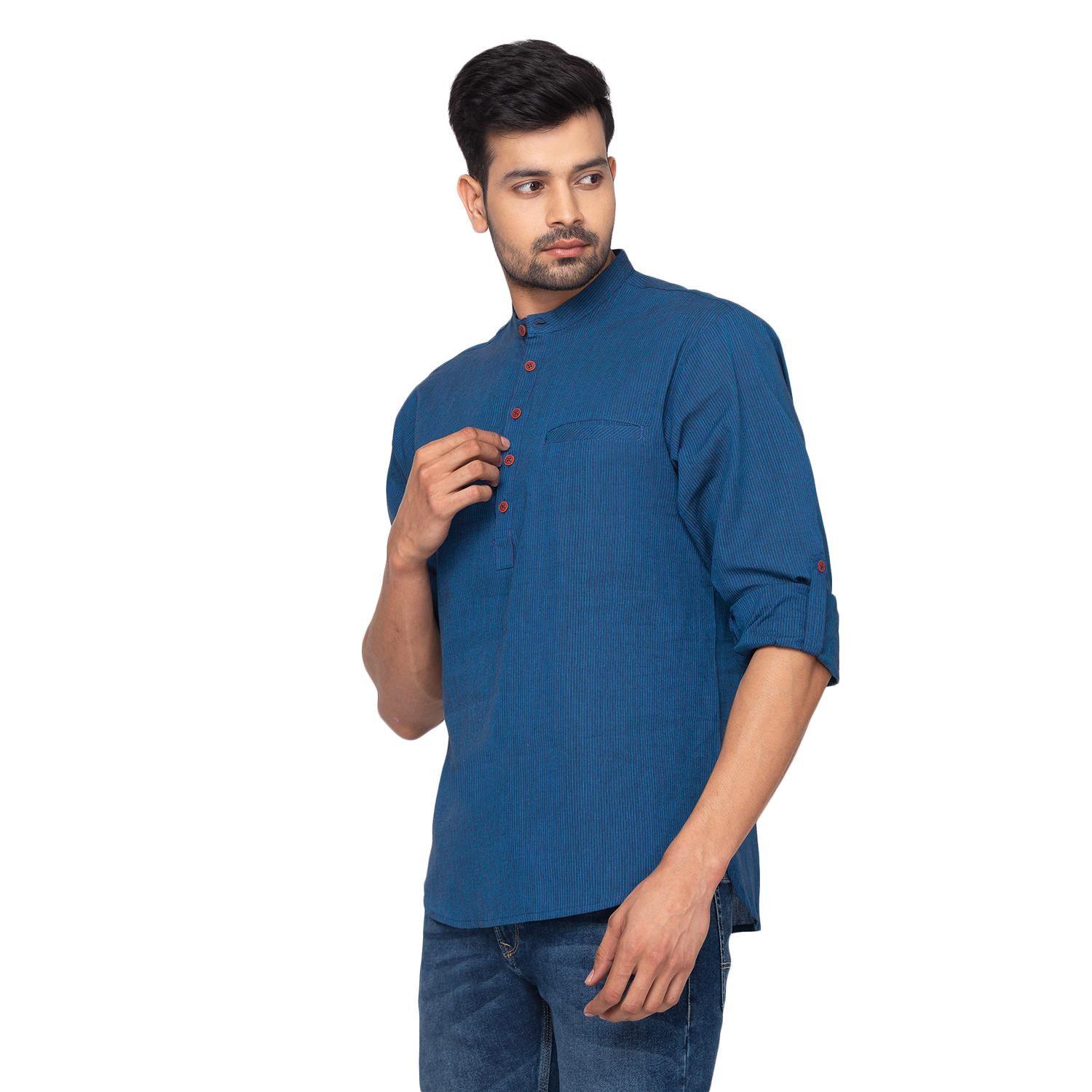 Blue Solid Pure Cotton Short Kurta - Peachmode