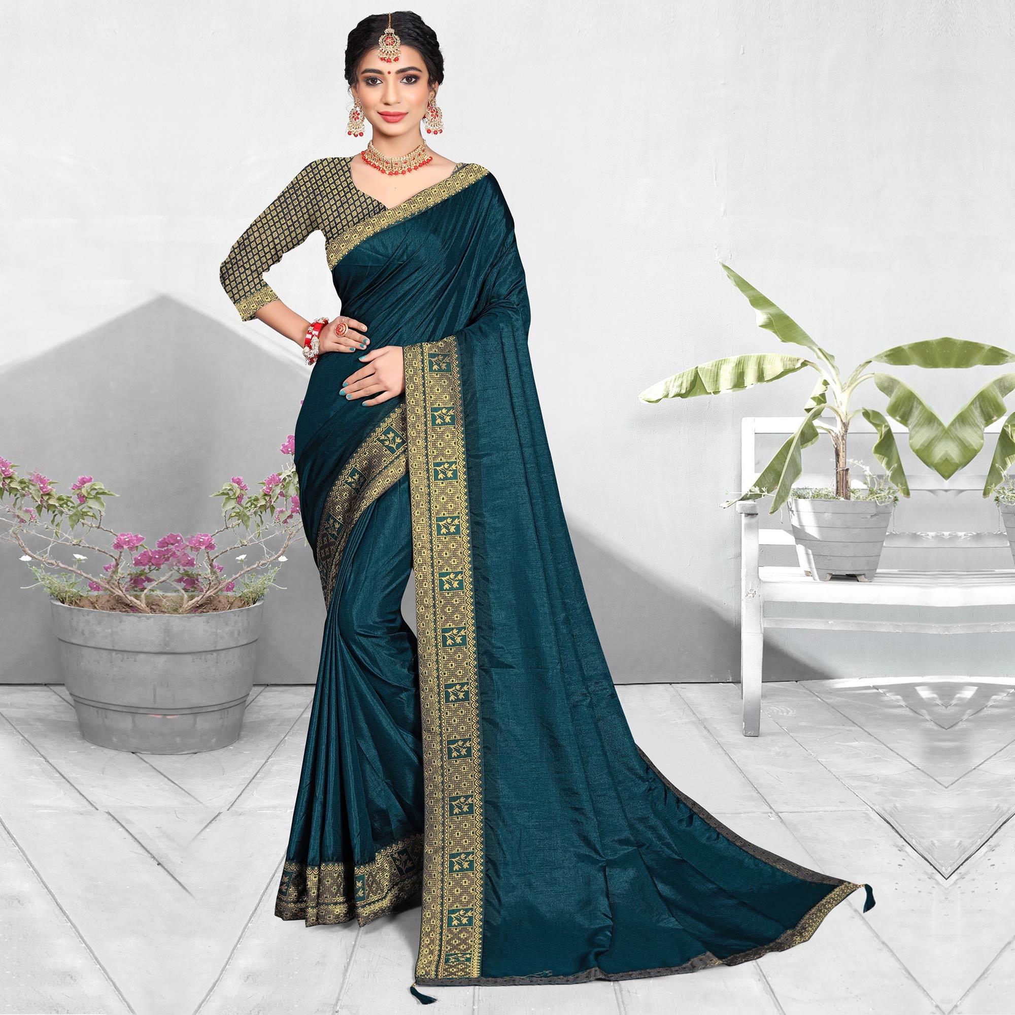 Blue Solid Vichitra Silk Saree - Peachmode